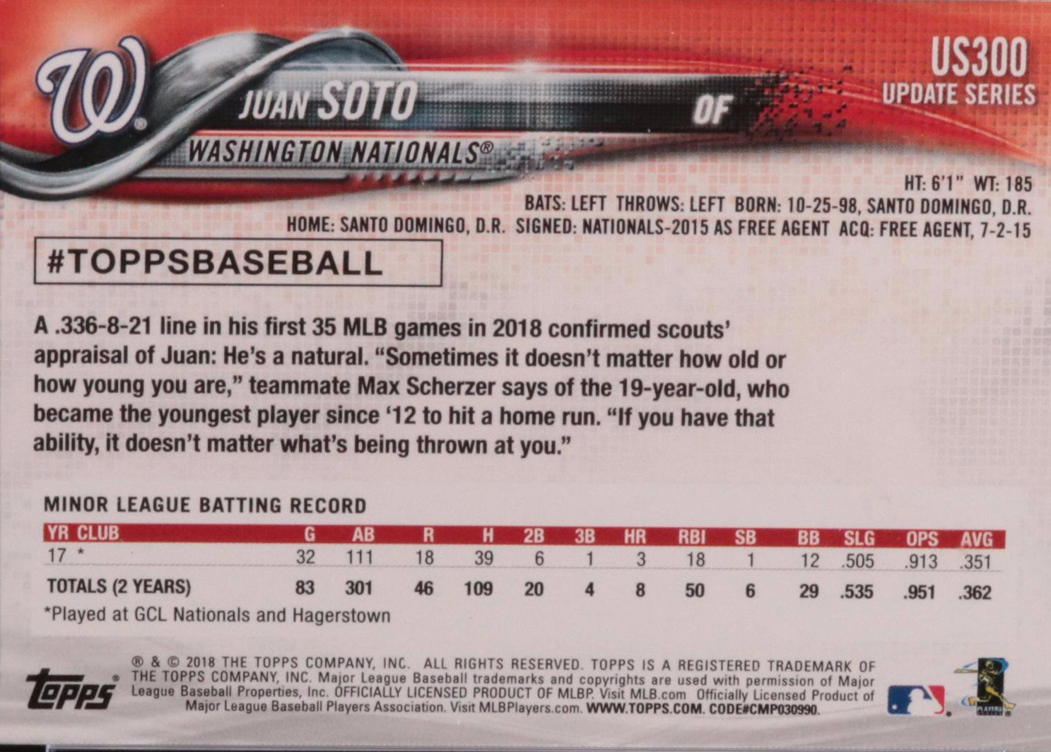 2018 Topps Update #US300 Juan Soto Rookie Graded CSG 10 Gem Mint Card