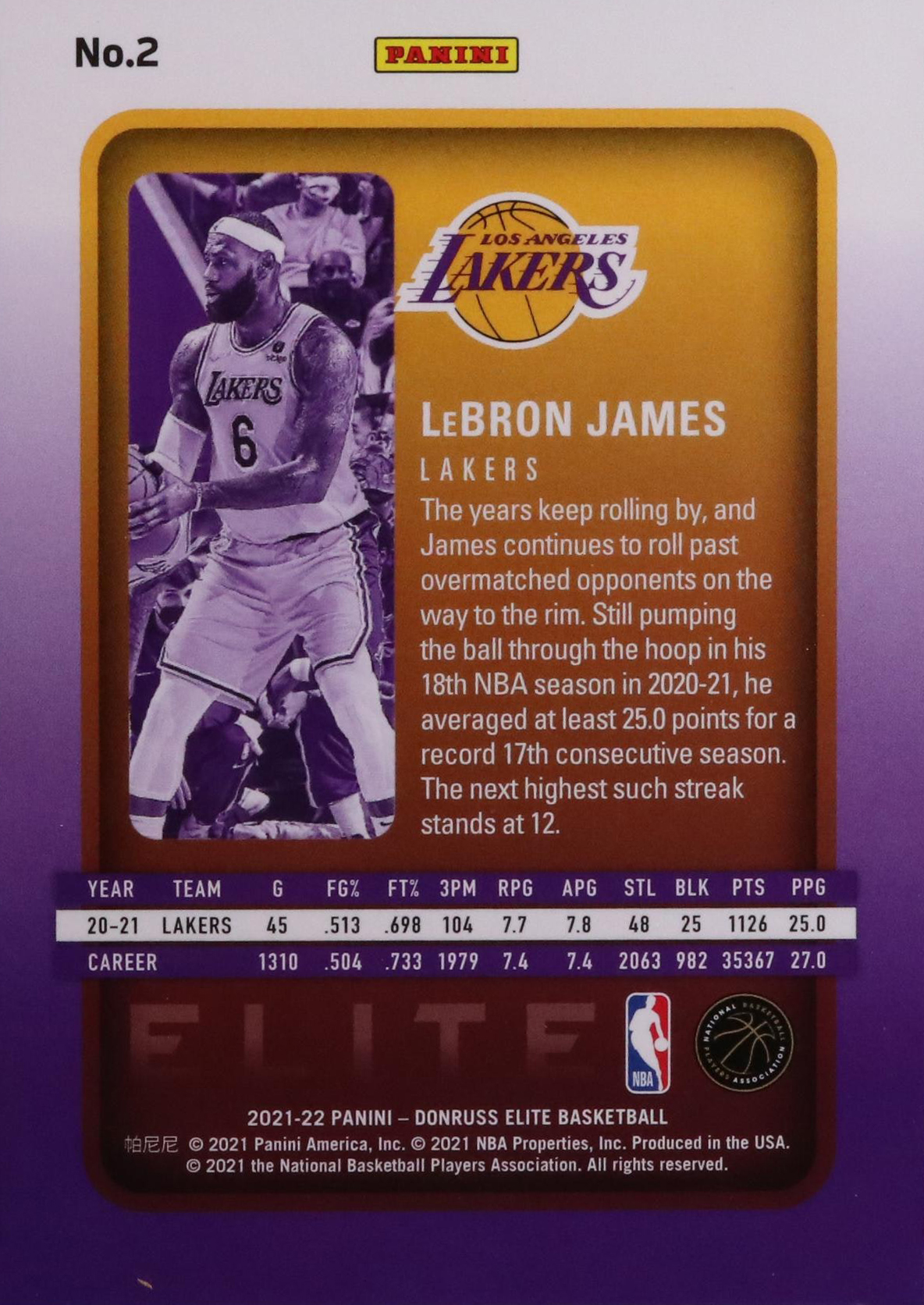 2021-22 Panini LeBron James Donruss Elite #2 Grade 9.5 Basketball Card