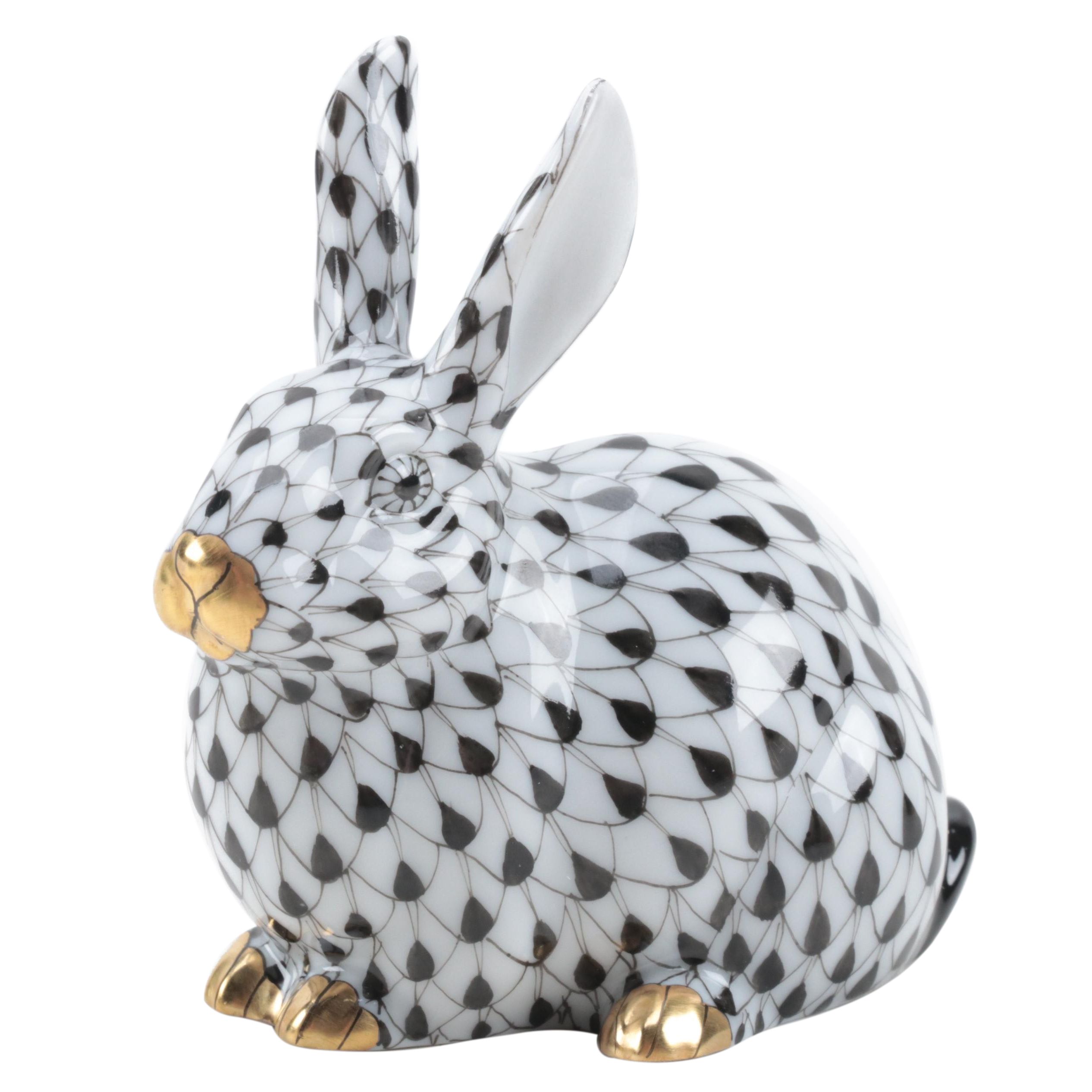 Herend Guild Black Fishnet with Gold "Chubby Bunny" Porcelain Figurine, 2006