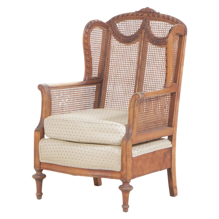 Louis XVI Style Carved Hardwood and Caned Bergère avec Orielles, 20th Century