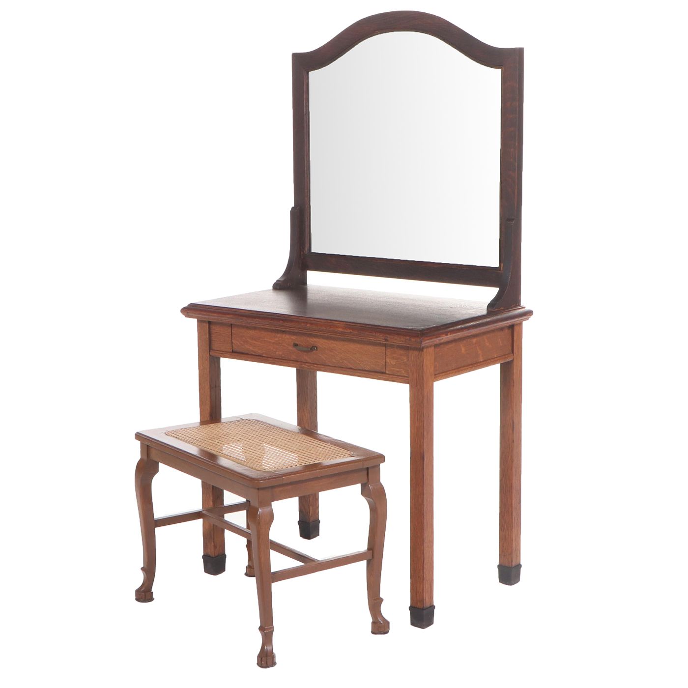 Arts and Crafts Quartersawn Oak Dressing Table Plus Colonial Revival Caned Bench
