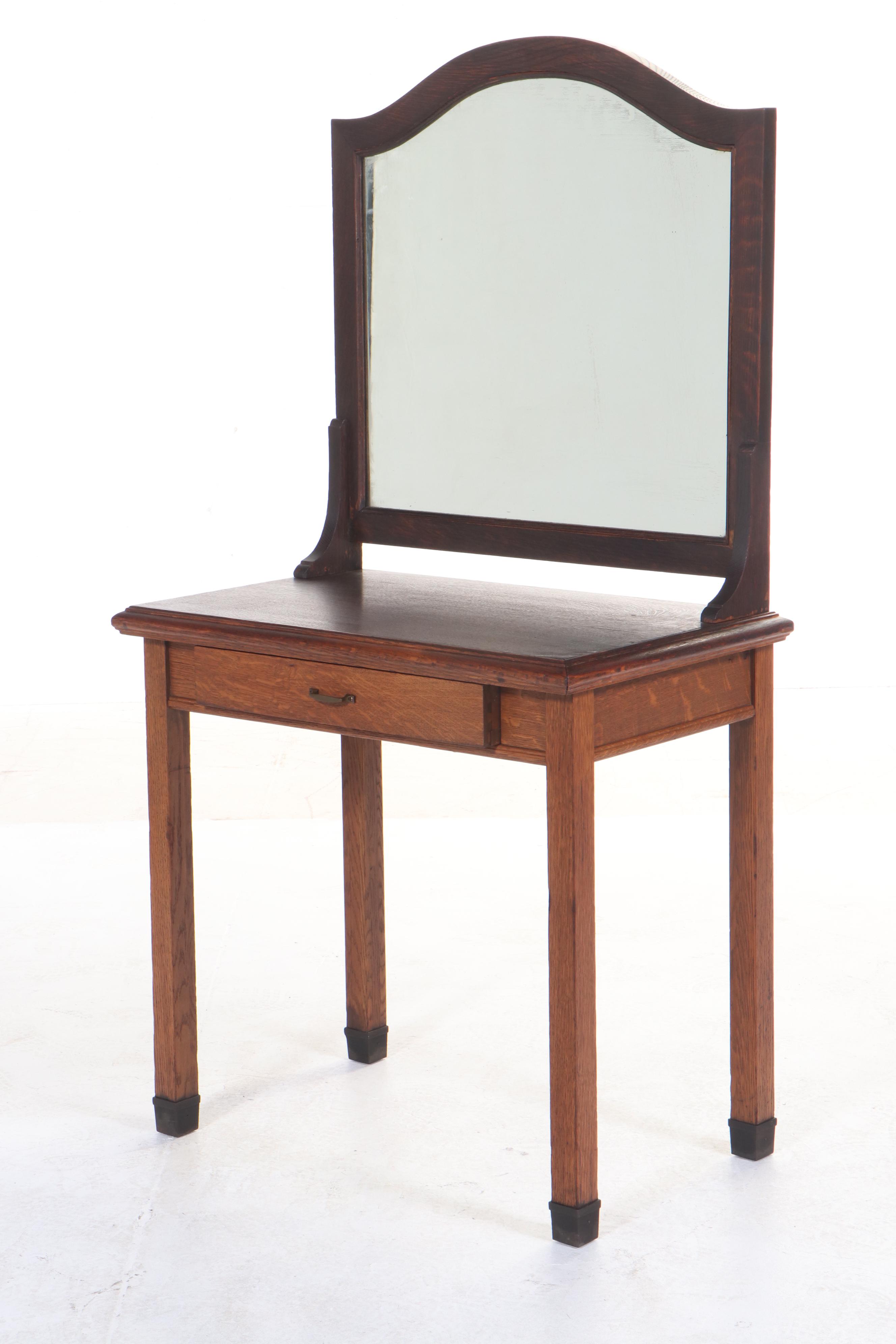 Arts and Crafts Quartersawn Oak Dressing Table Plus Colonial Revival Caned Bench