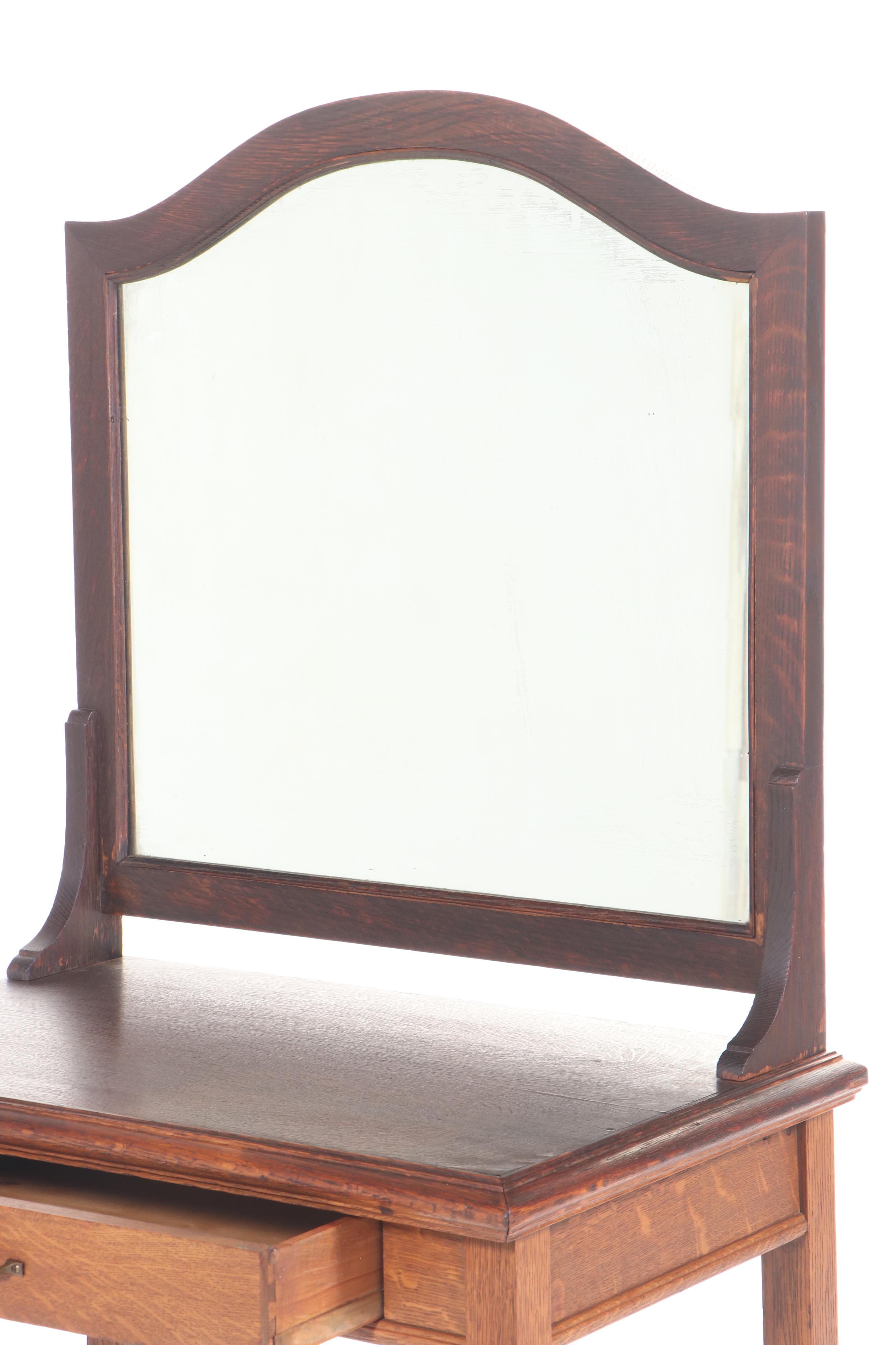 Arts and Crafts Quartersawn Oak Dressing Table Plus Colonial Revival Caned Bench