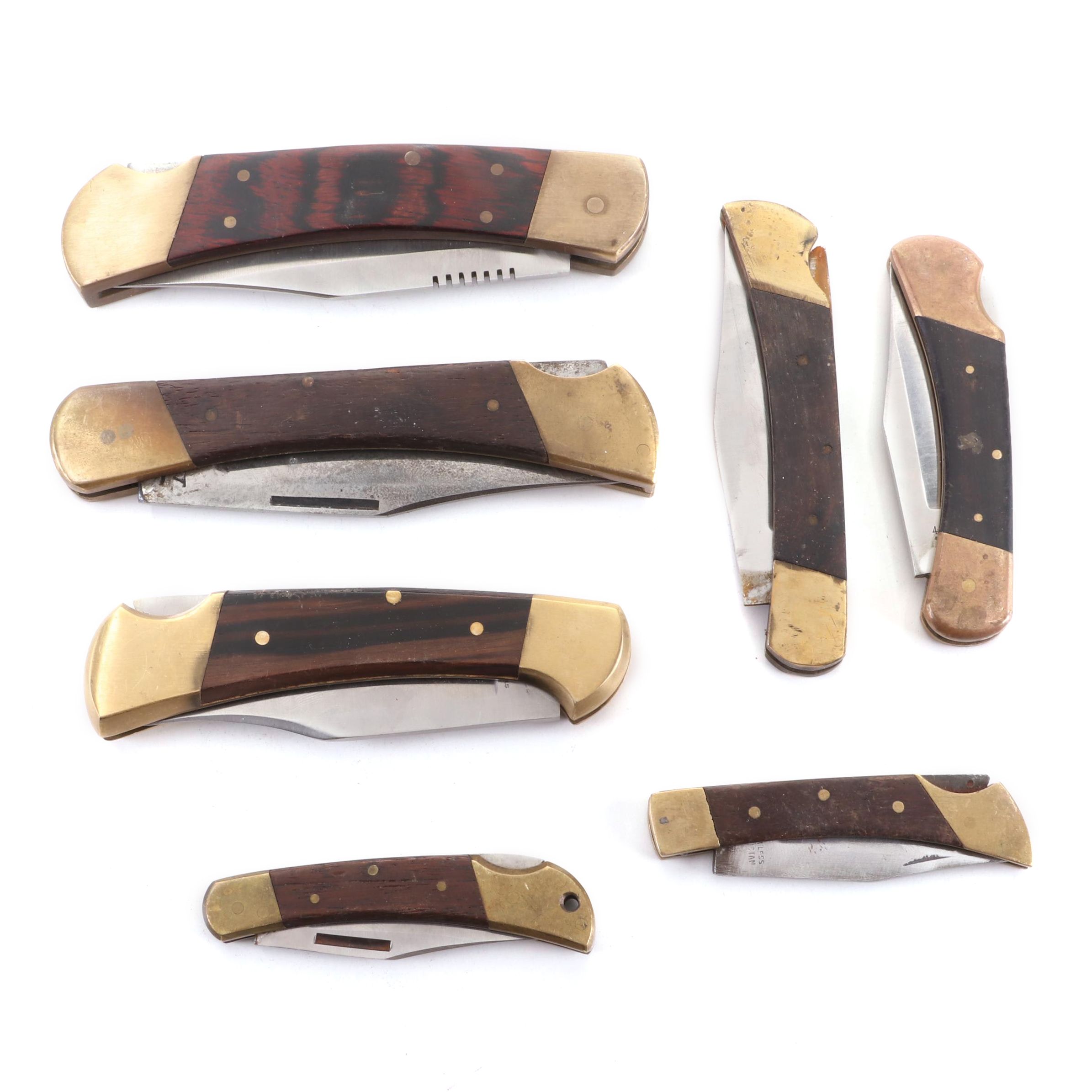 Tomahawk, Bullet with Other Wooden and Brass Handled Folding Knives