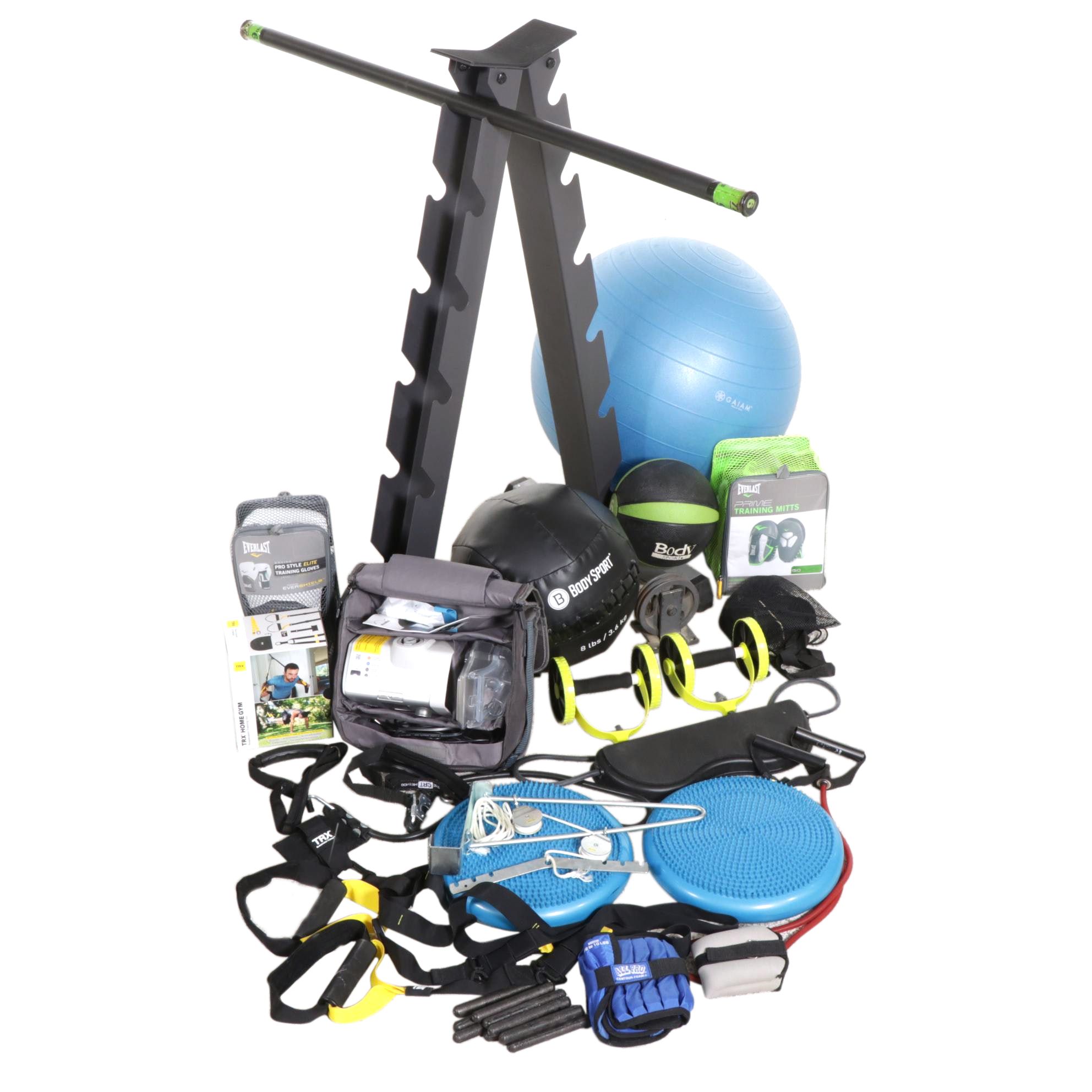 Fitness Equipment with Body Solid Weight Rack, Medicine Balls, Boxing Gloves