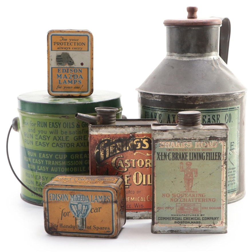 The Snow Flake, Edison, Run Easy and Other Automotive Supply Tins, Early 20th C