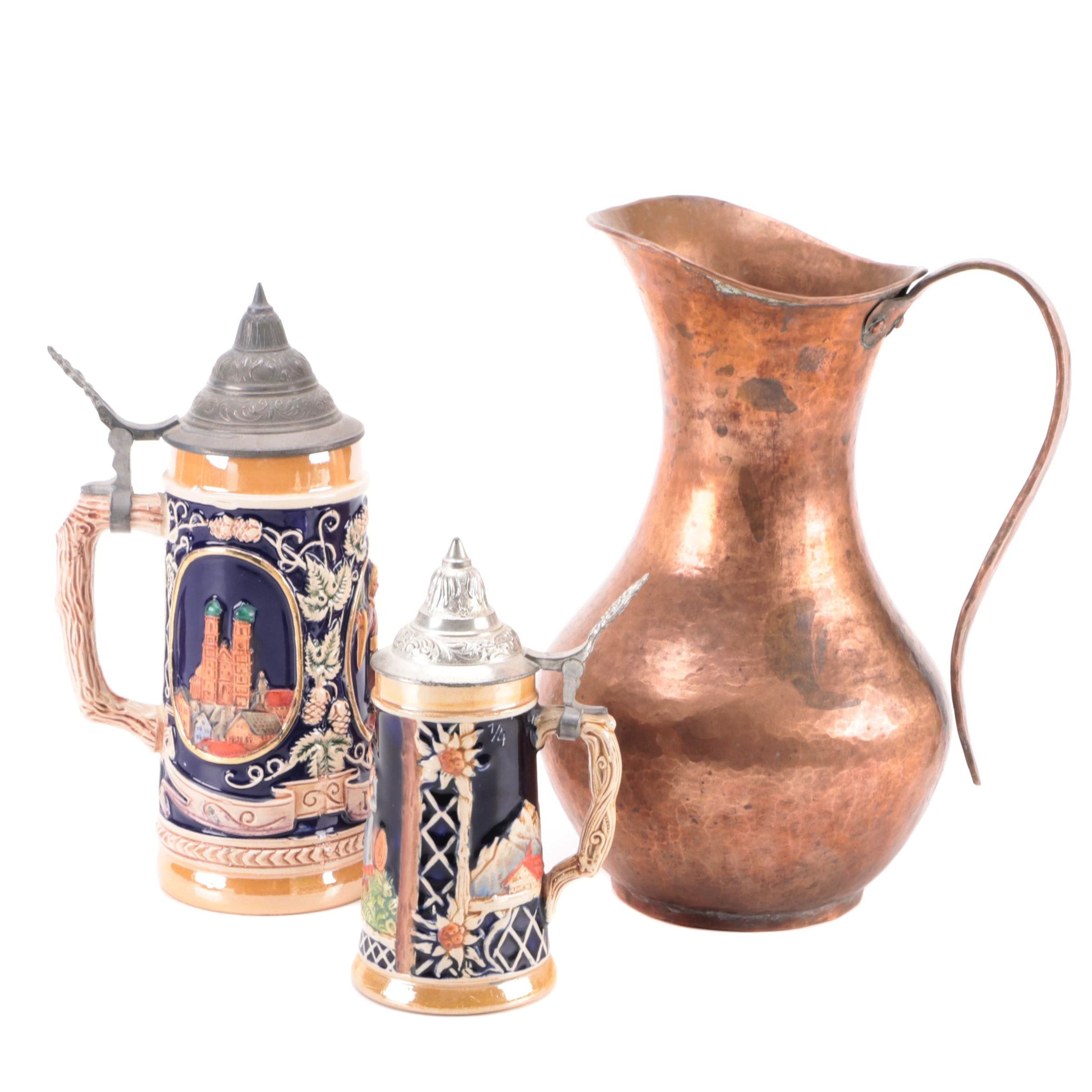 German Molded Earthenware Beer Steins with Other Copper Pitcher