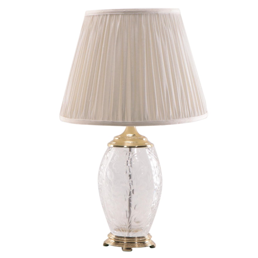 Ethan Allen Etched Glass and Brass Table Lamp, Late 20th Century