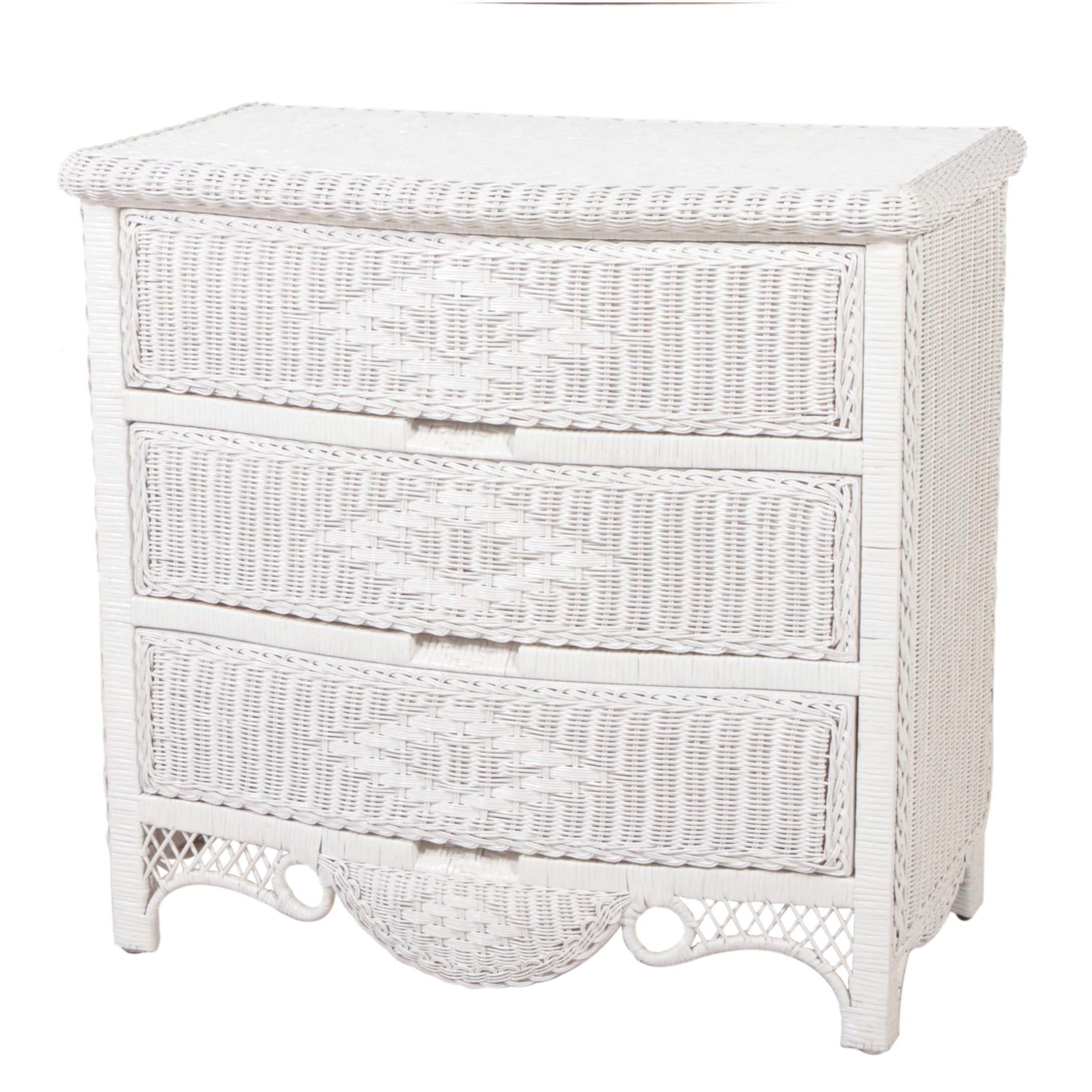 White-Painted Wicker Three-Drawer Serpentine-Front Chest, Late 20th Century