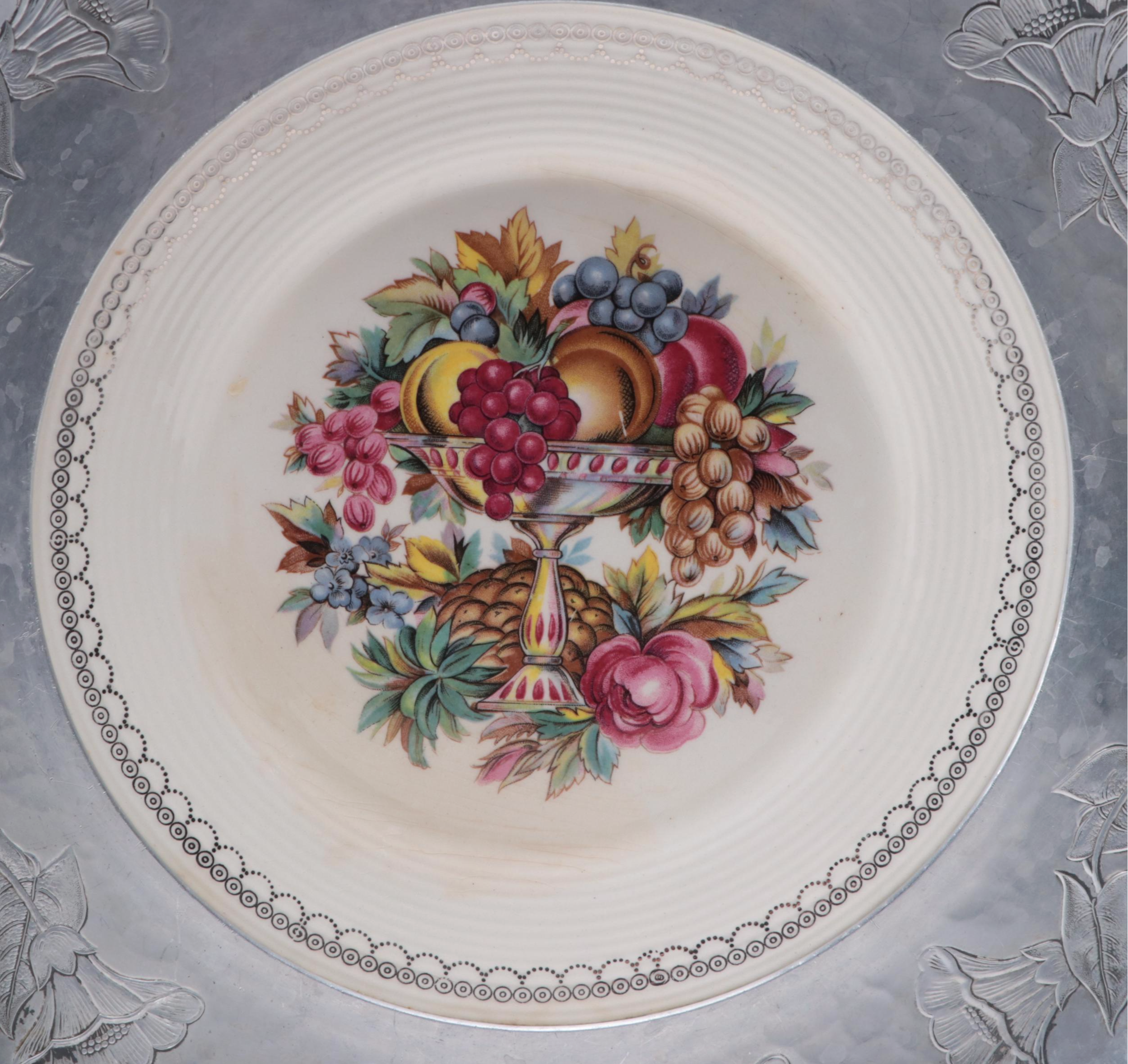 Farberware Hammered Aluminum Tray with Ceramic Plate Insert, Mid-20th Century