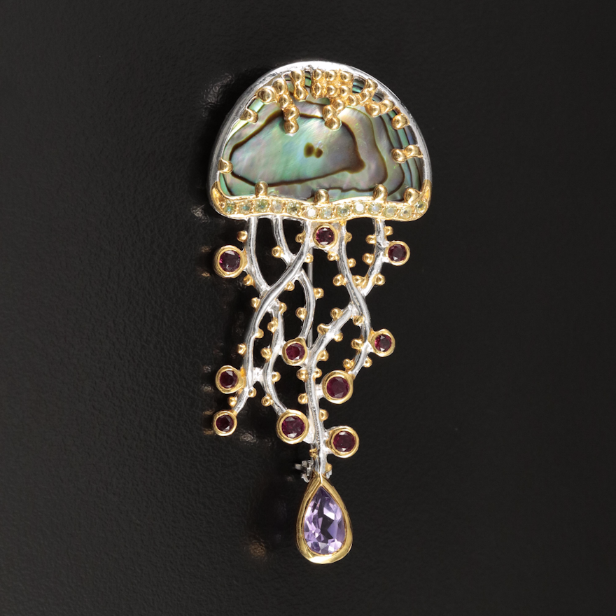 Sterling Abalone, Amethyst and Garnet Jellyfish Converter Brooch