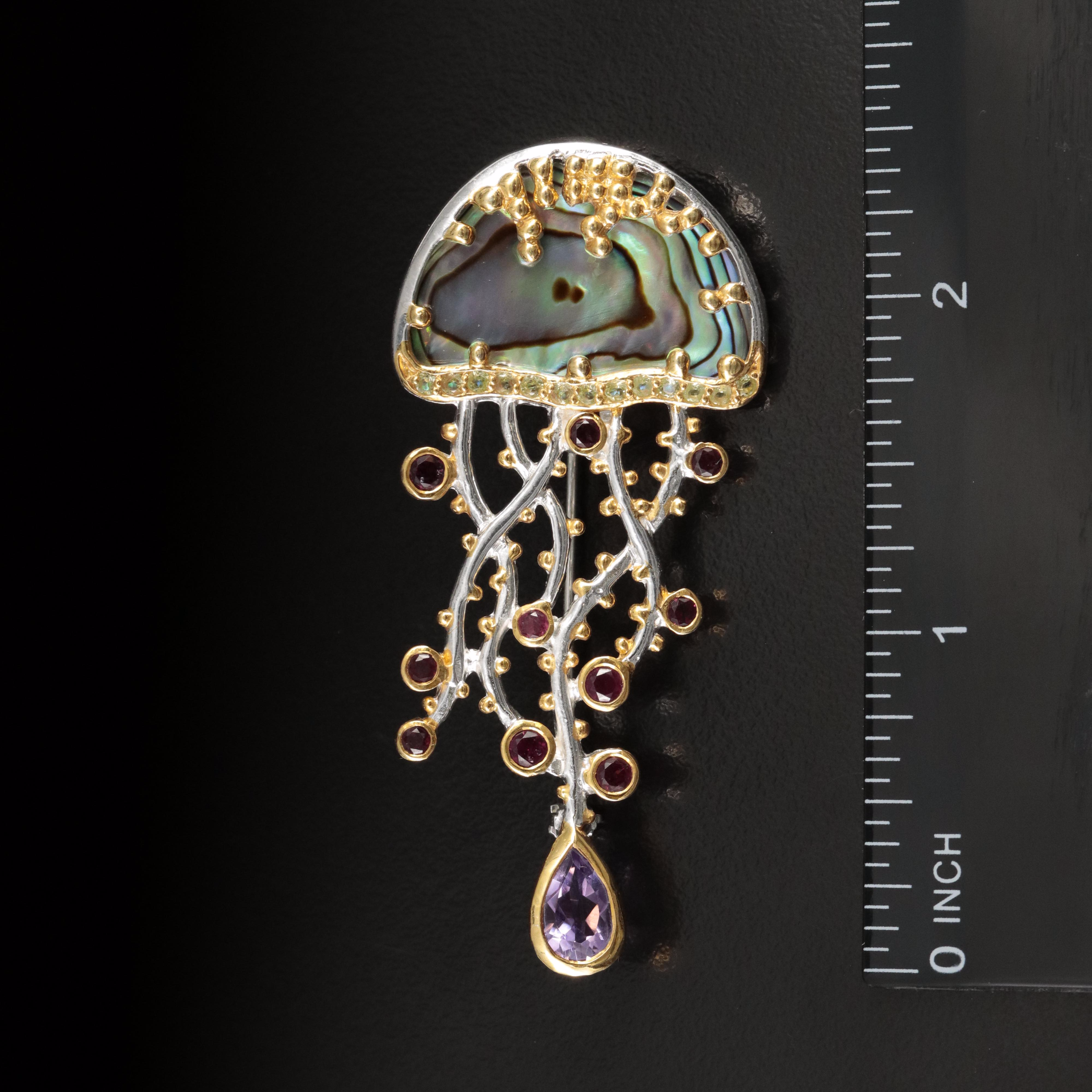 Sterling Abalone, Amethyst and Garnet Jellyfish Converter Brooch
