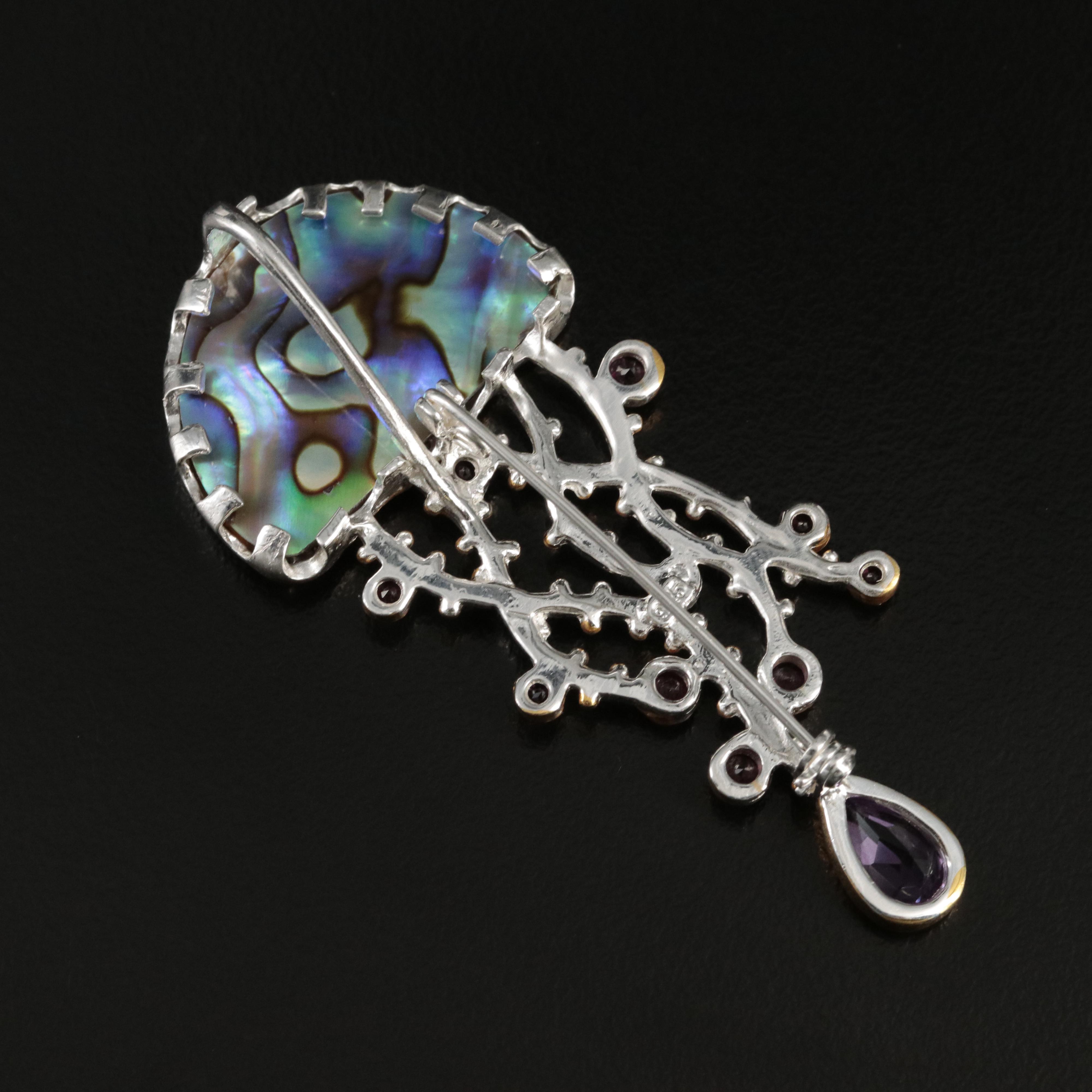 Sterling Abalone, Amethyst and Garnet Jellyfish Converter Brooch