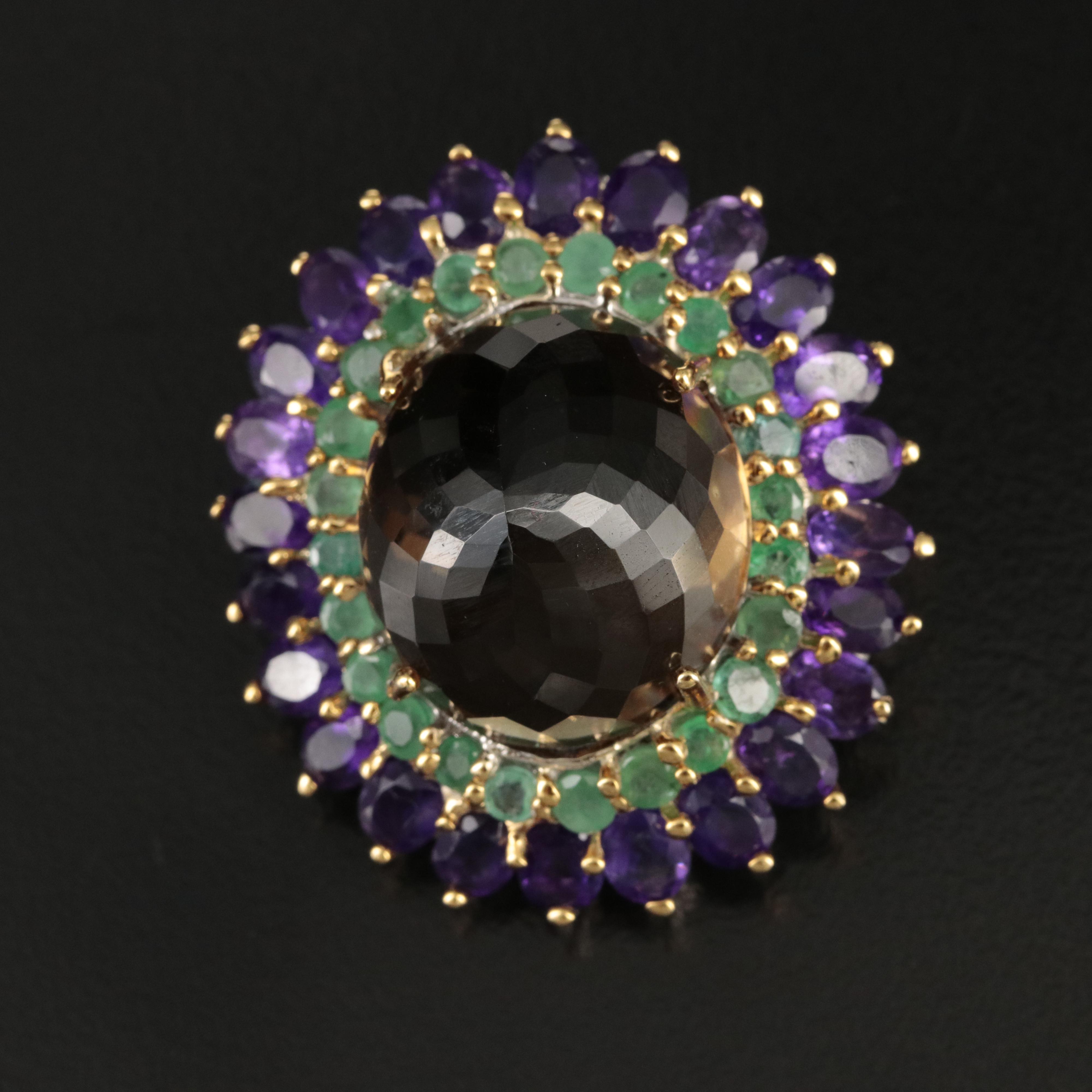 Sterling Smoky Quartz, Emerald and Amethyst Brooch