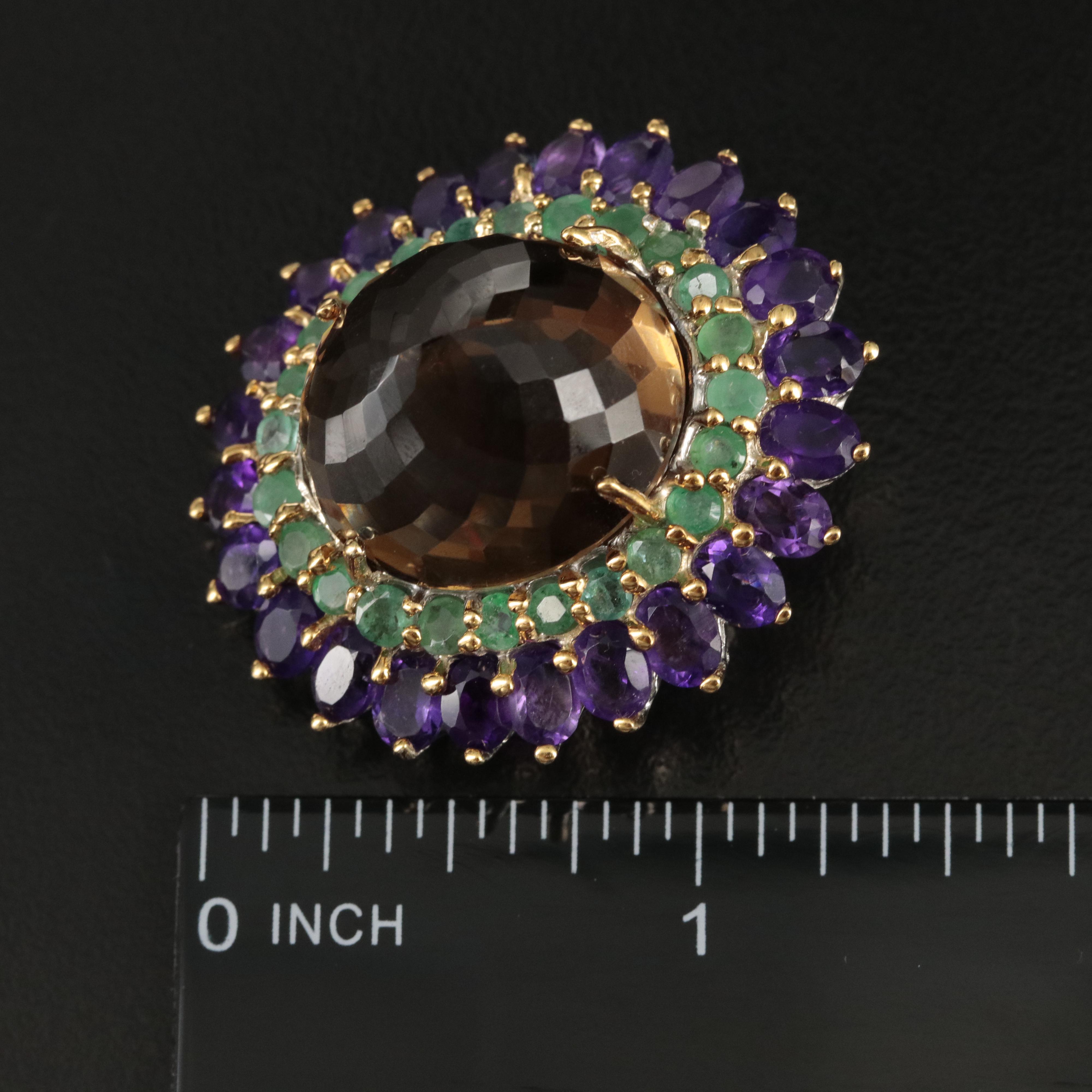 Sterling Smoky Quartz, Emerald and Amethyst Brooch