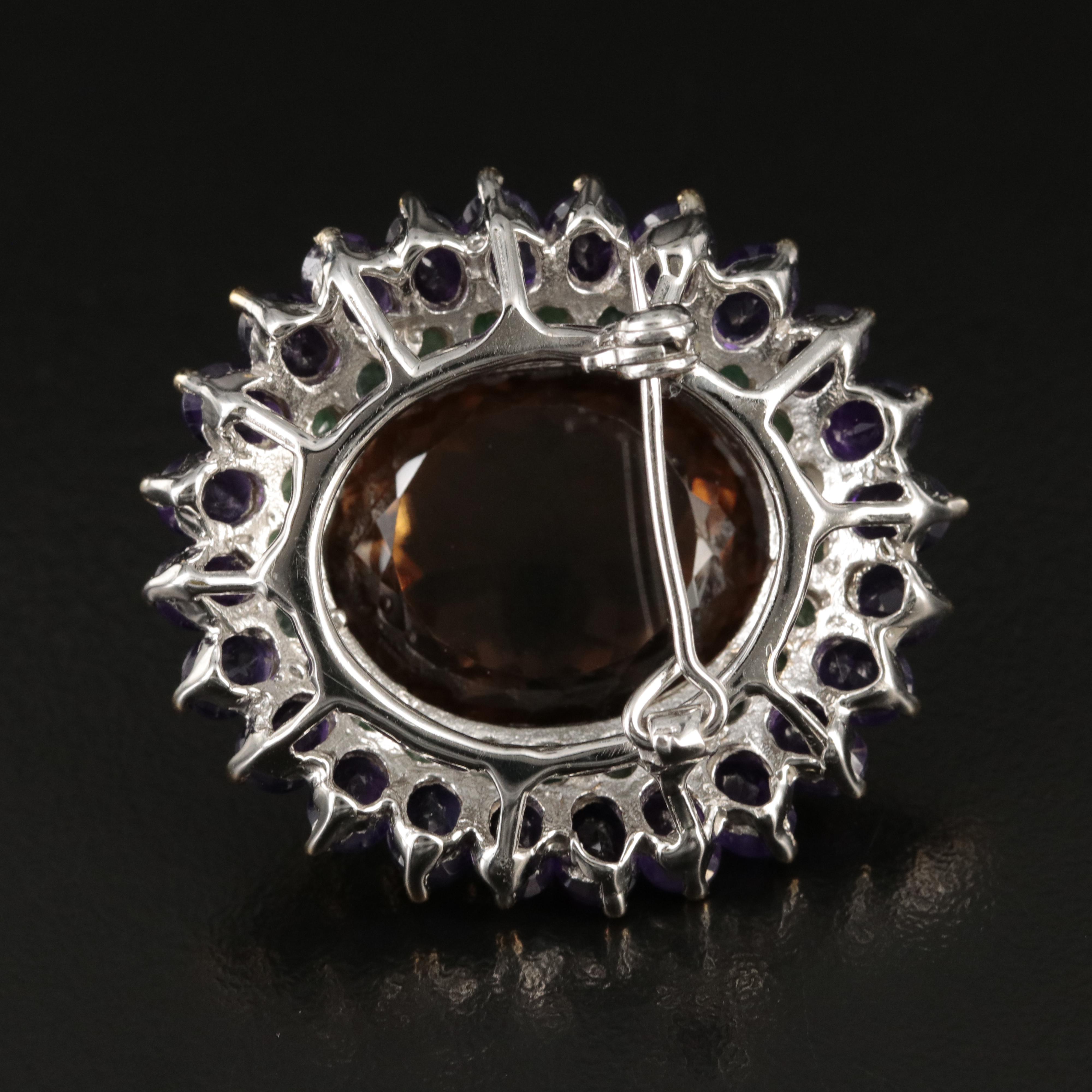Sterling Smoky Quartz, Emerald and Amethyst Brooch