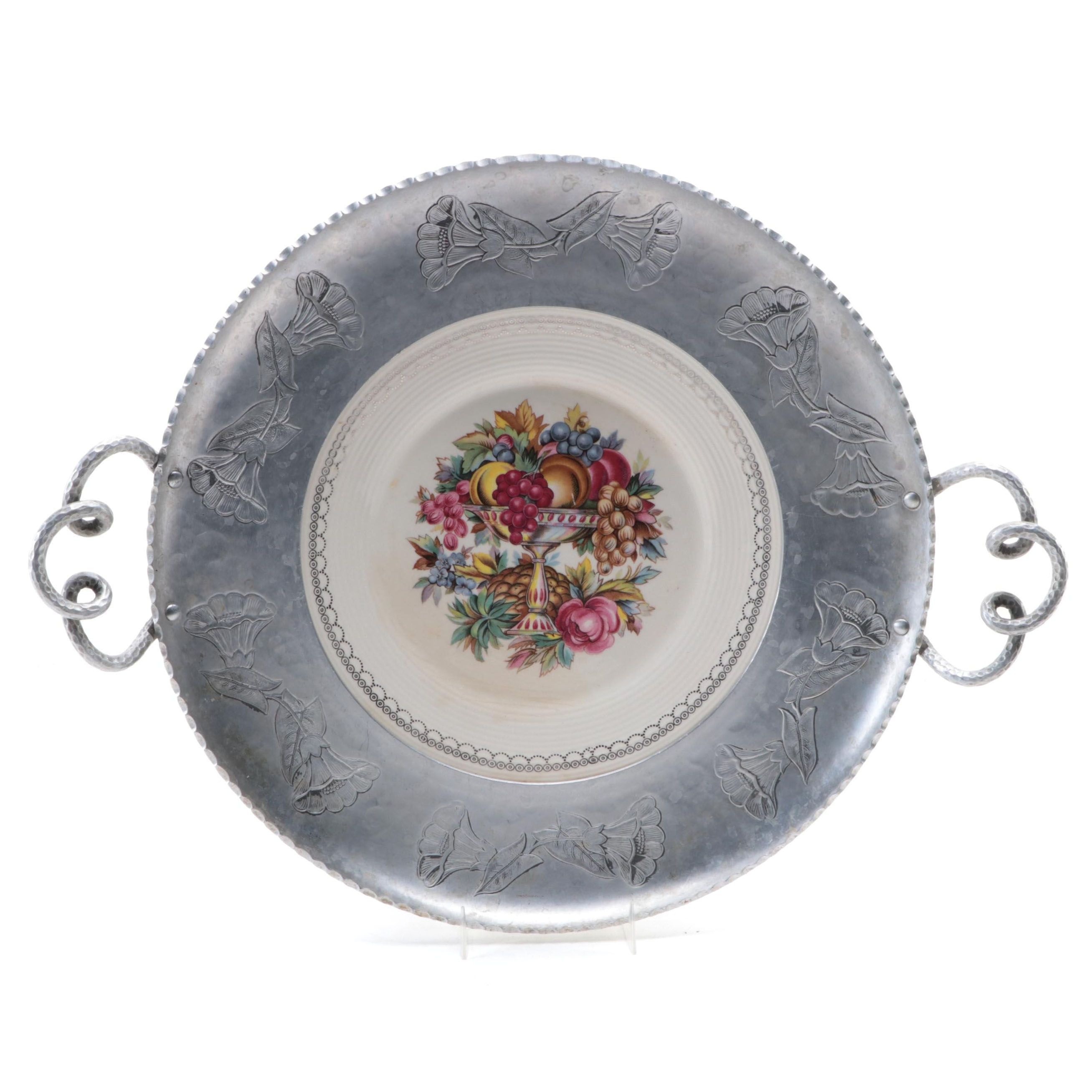 Farberware Hammered Aluminum Tray with Ceramic Plate Insert, Mid-20th Century