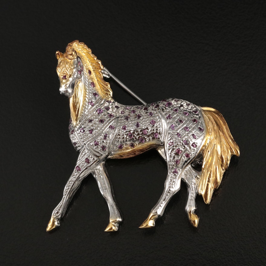 Sterling Rhodolite Garnet Trotting Horse Brooch