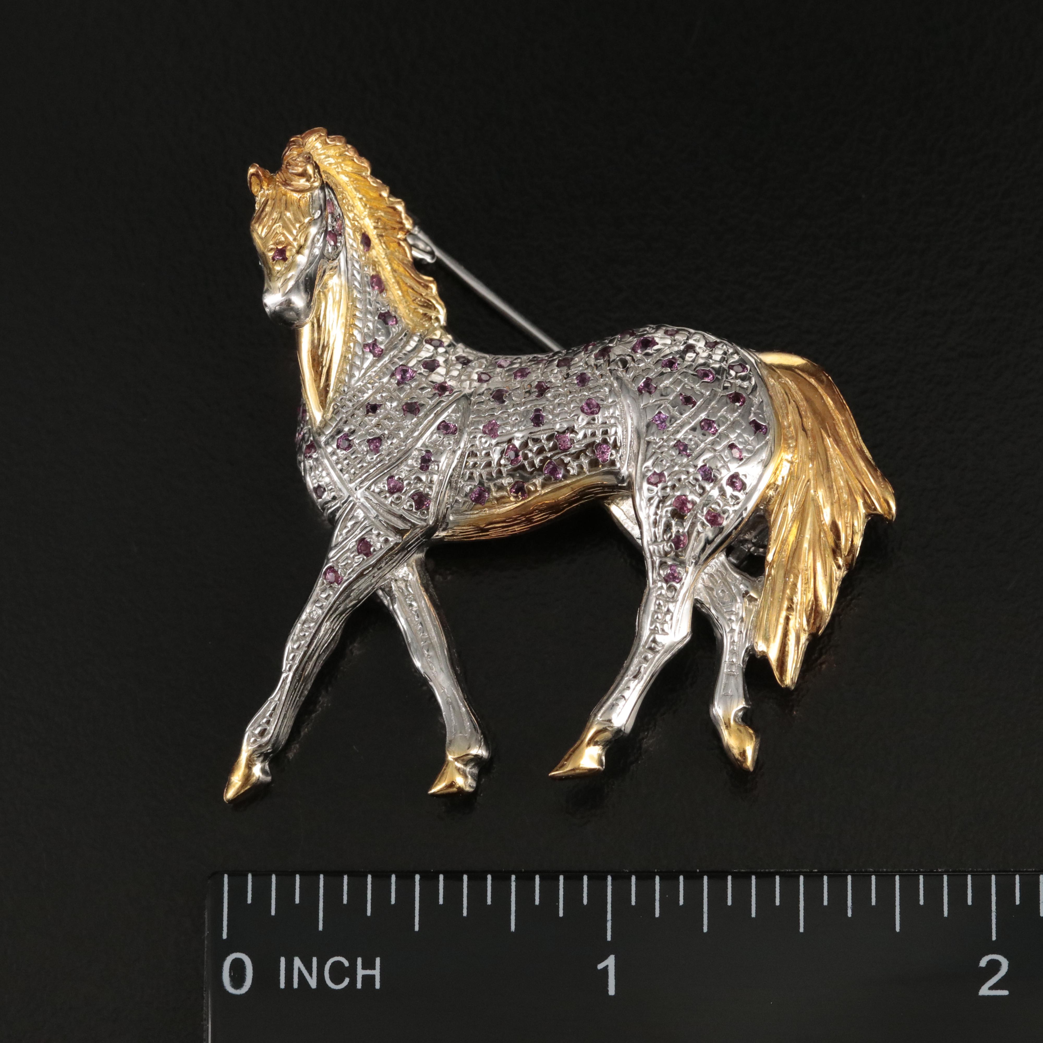 Sterling Rhodolite Garnet Trotting Horse Brooch
