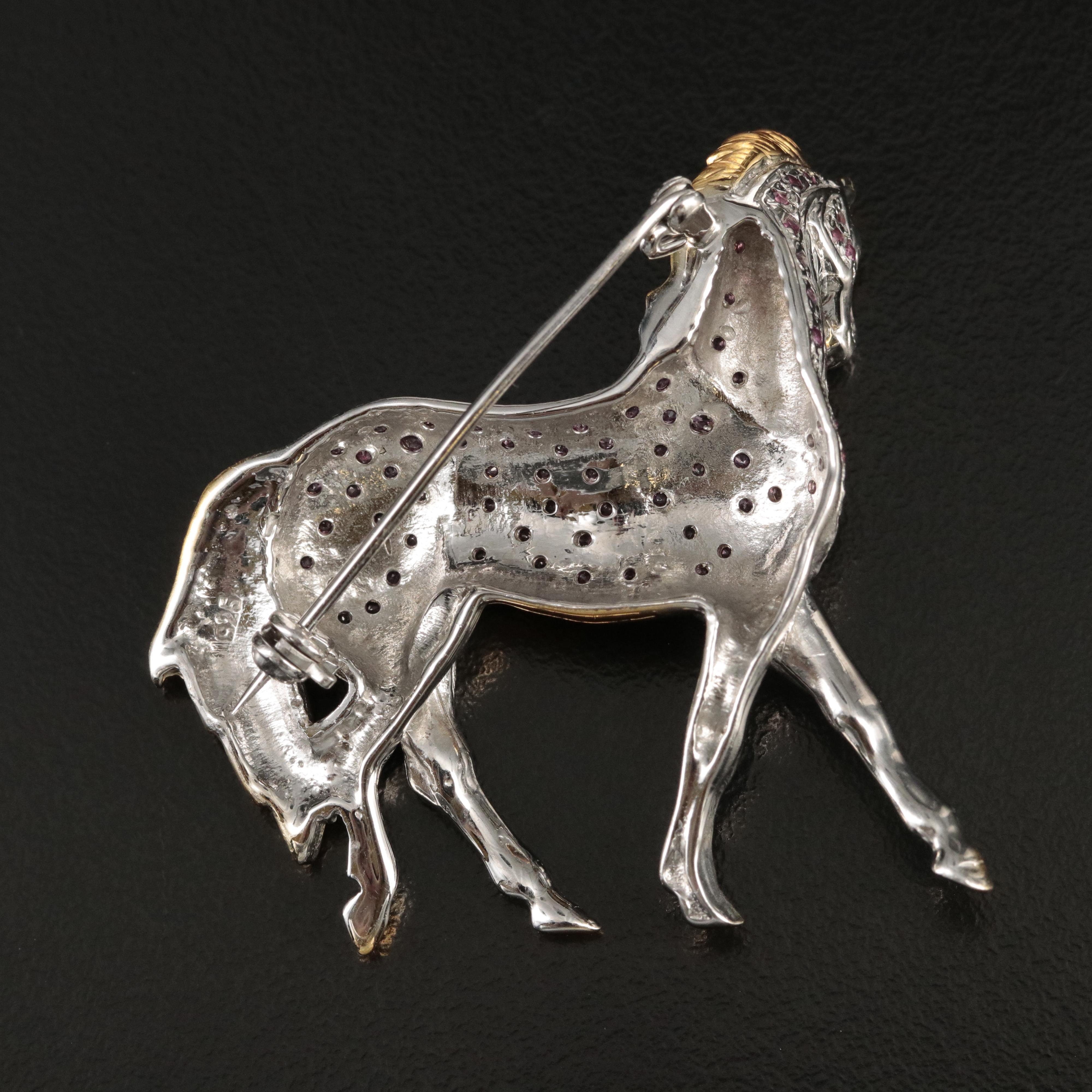 Sterling Rhodolite Garnet Trotting Horse Brooch