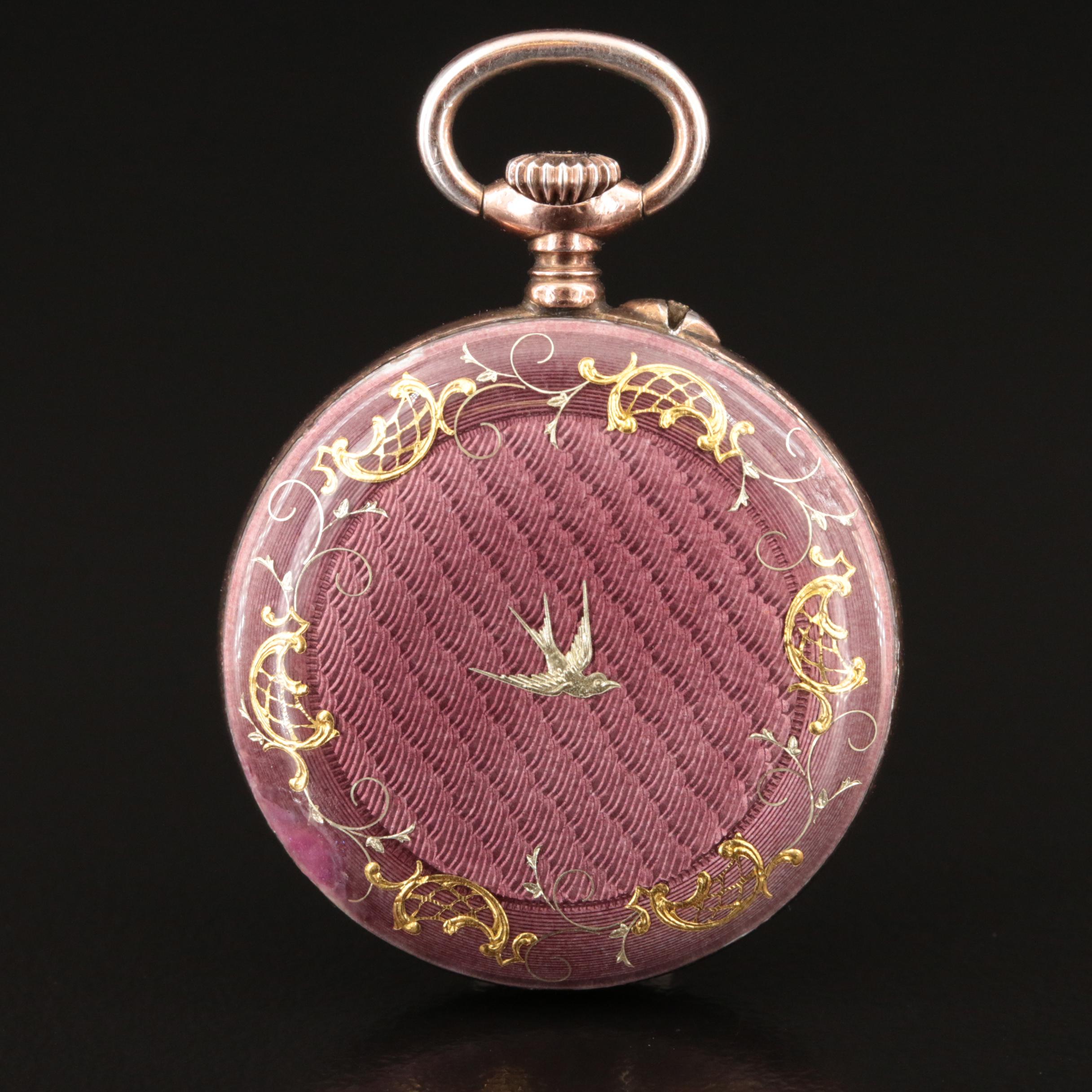935 Silver and Enameled Ornate Small Pocket Watch