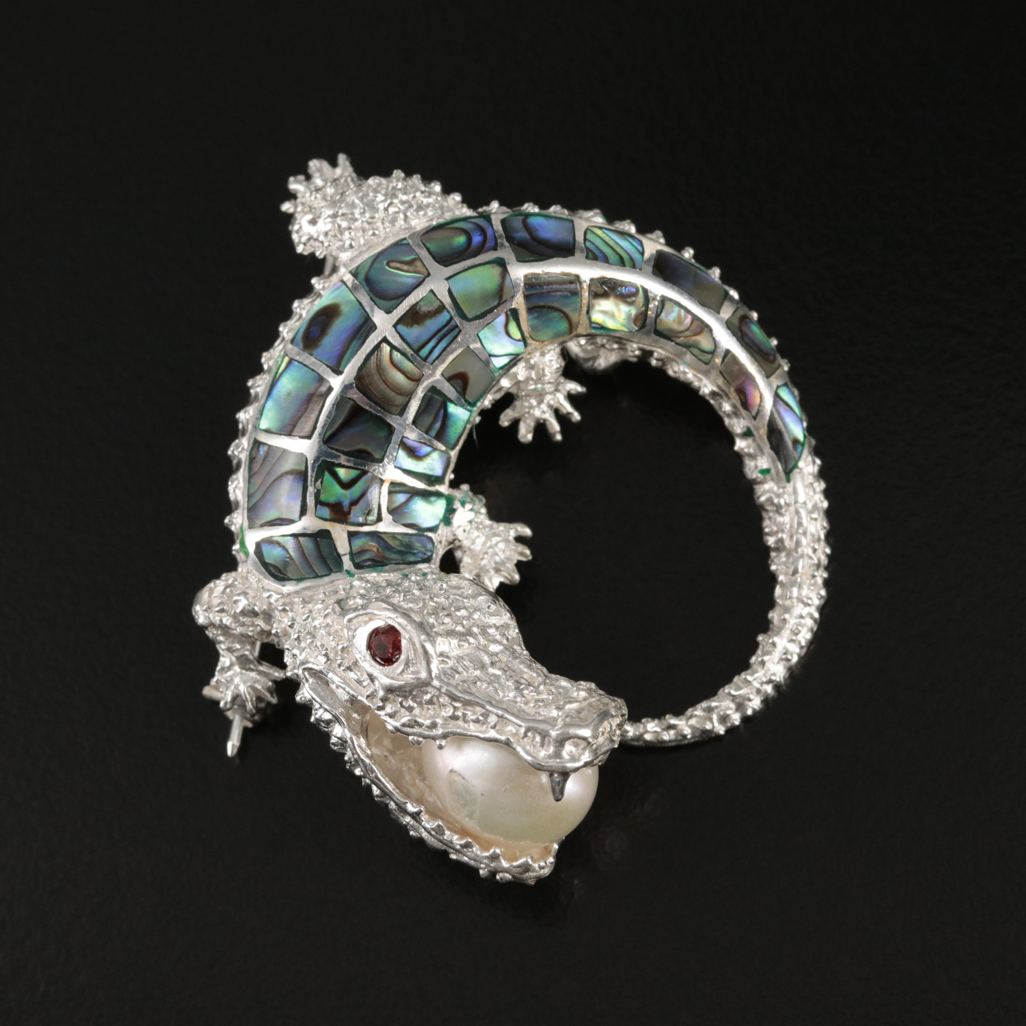 Sterling Abalone, Pearl and Garnet Alligator Converter Brooch
