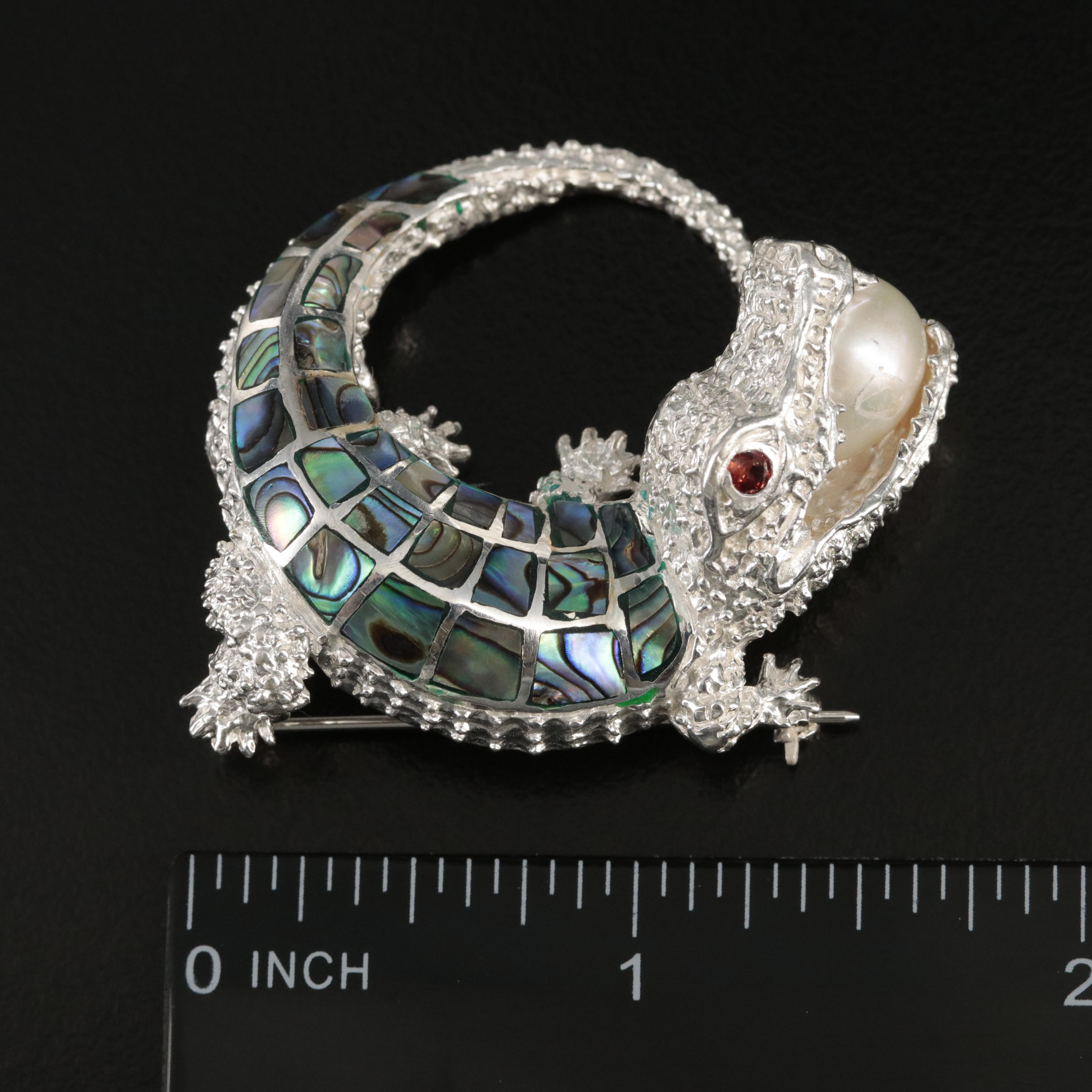 Sterling Abalone, Pearl and Garnet Alligator Converter Brooch