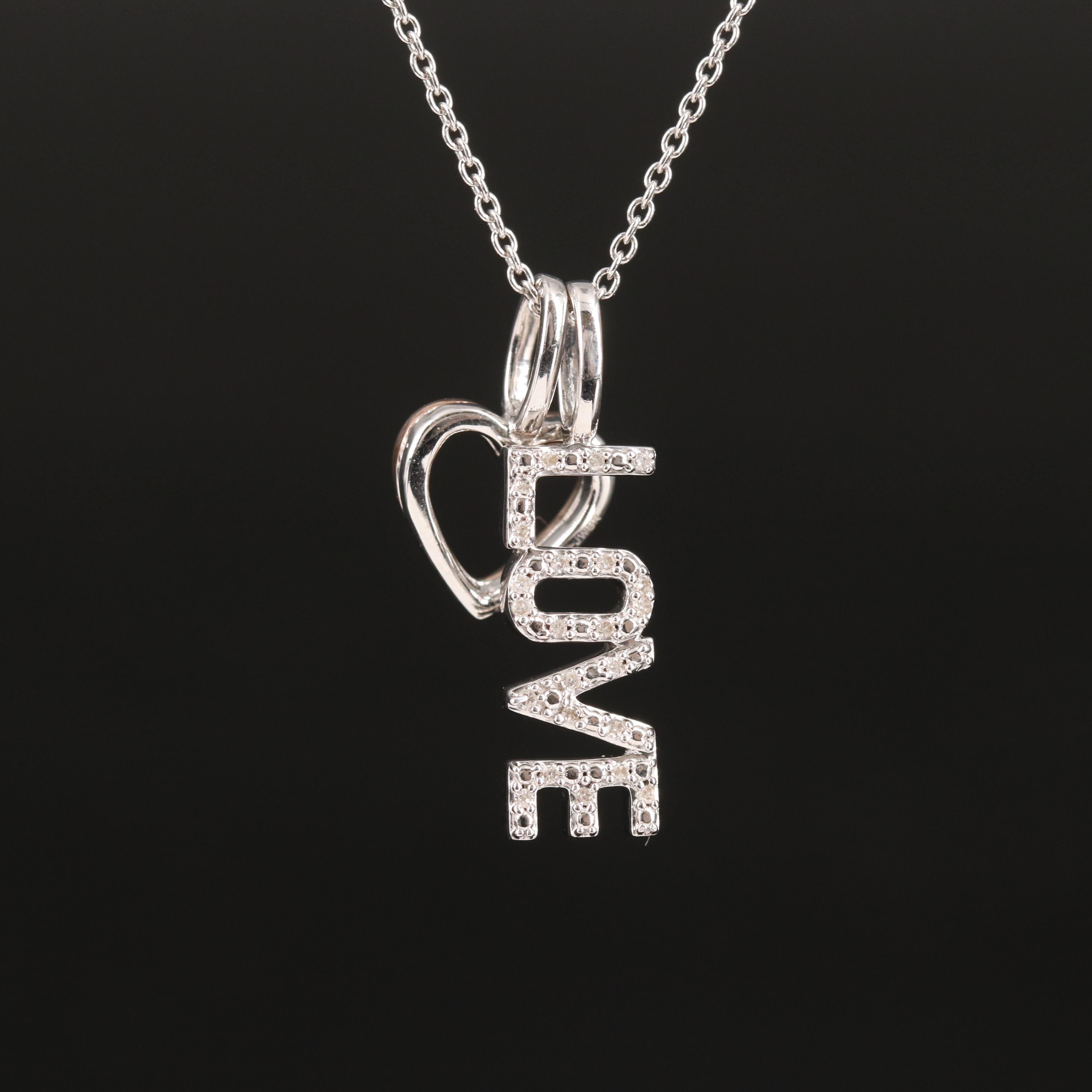 Sterling Diamond "LOVE" Pendant Necklace with 10K Rose Gold Accented Heart Charm