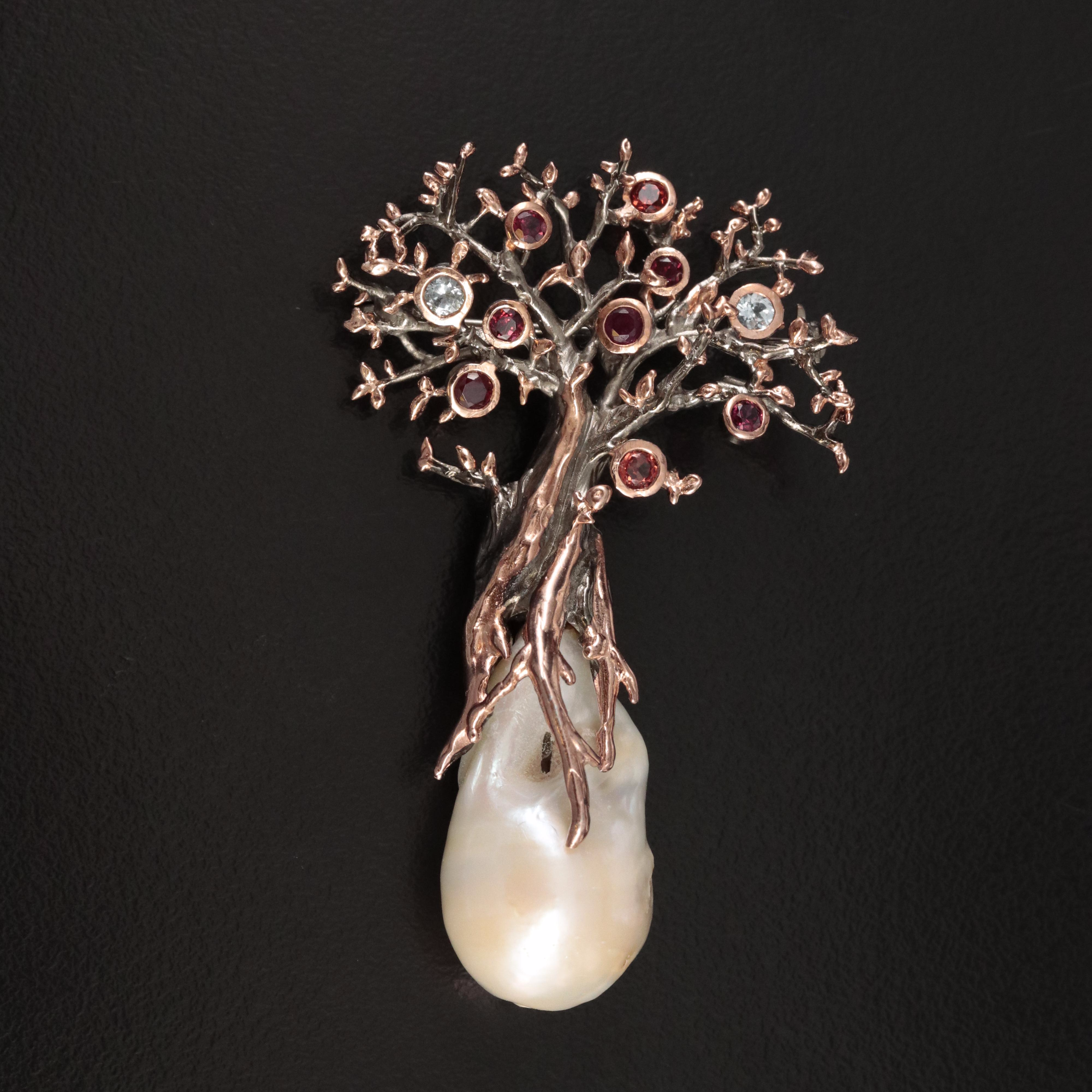 Sterling Pearl, Garnet and Topaz Tree of Life Brooch