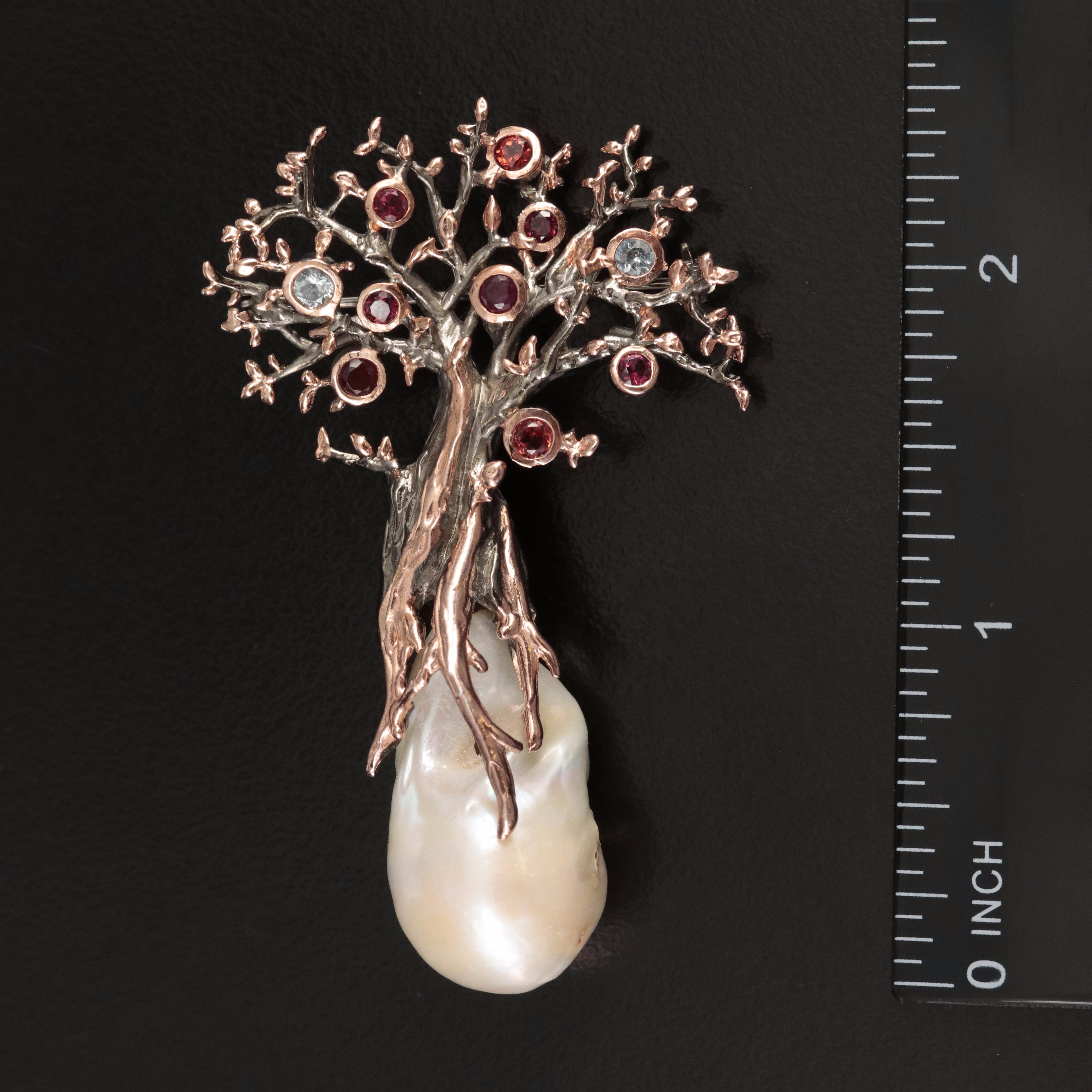 Sterling Pearl, Garnet and Topaz Tree of Life Brooch
