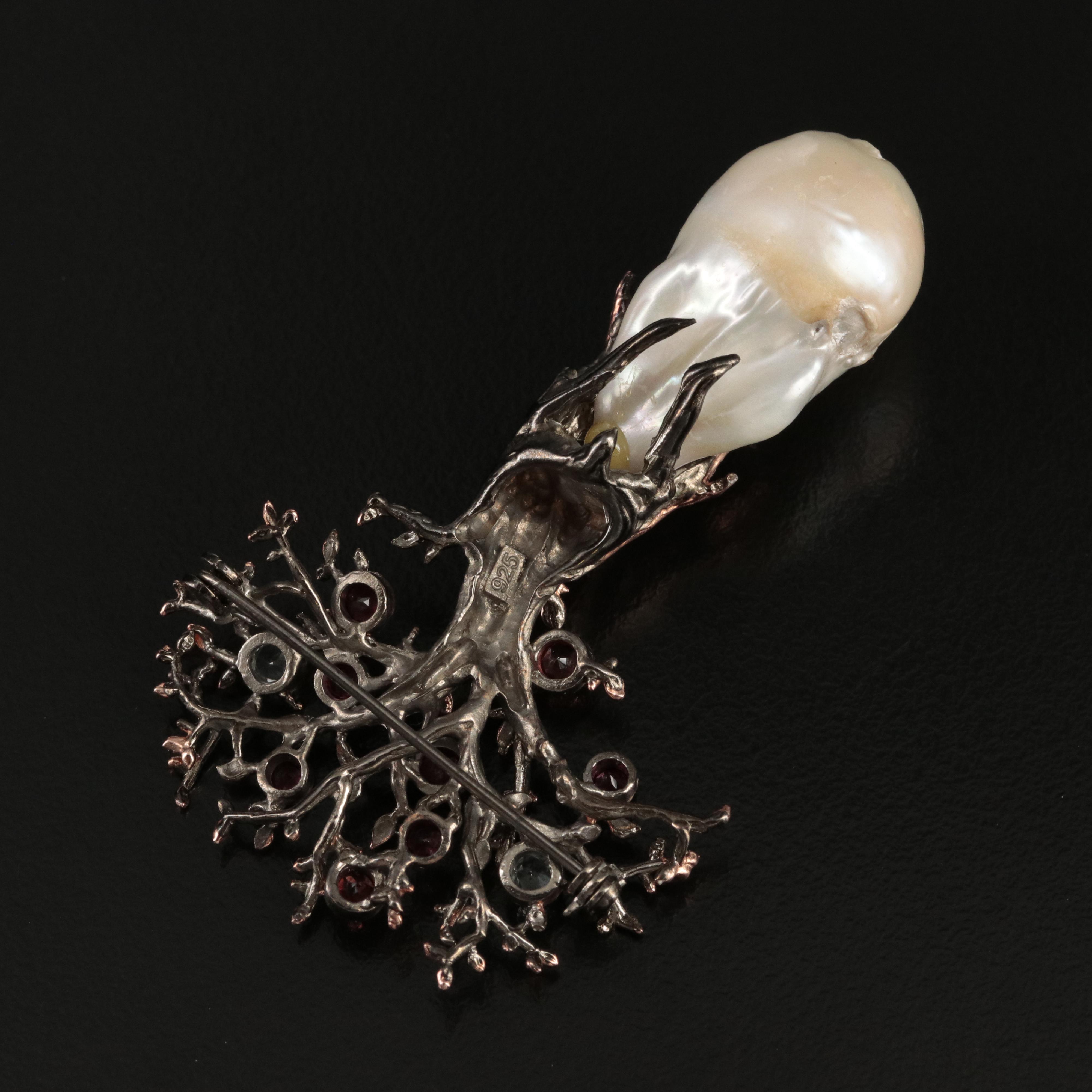 Sterling Pearl, Garnet and Topaz Tree of Life Brooch