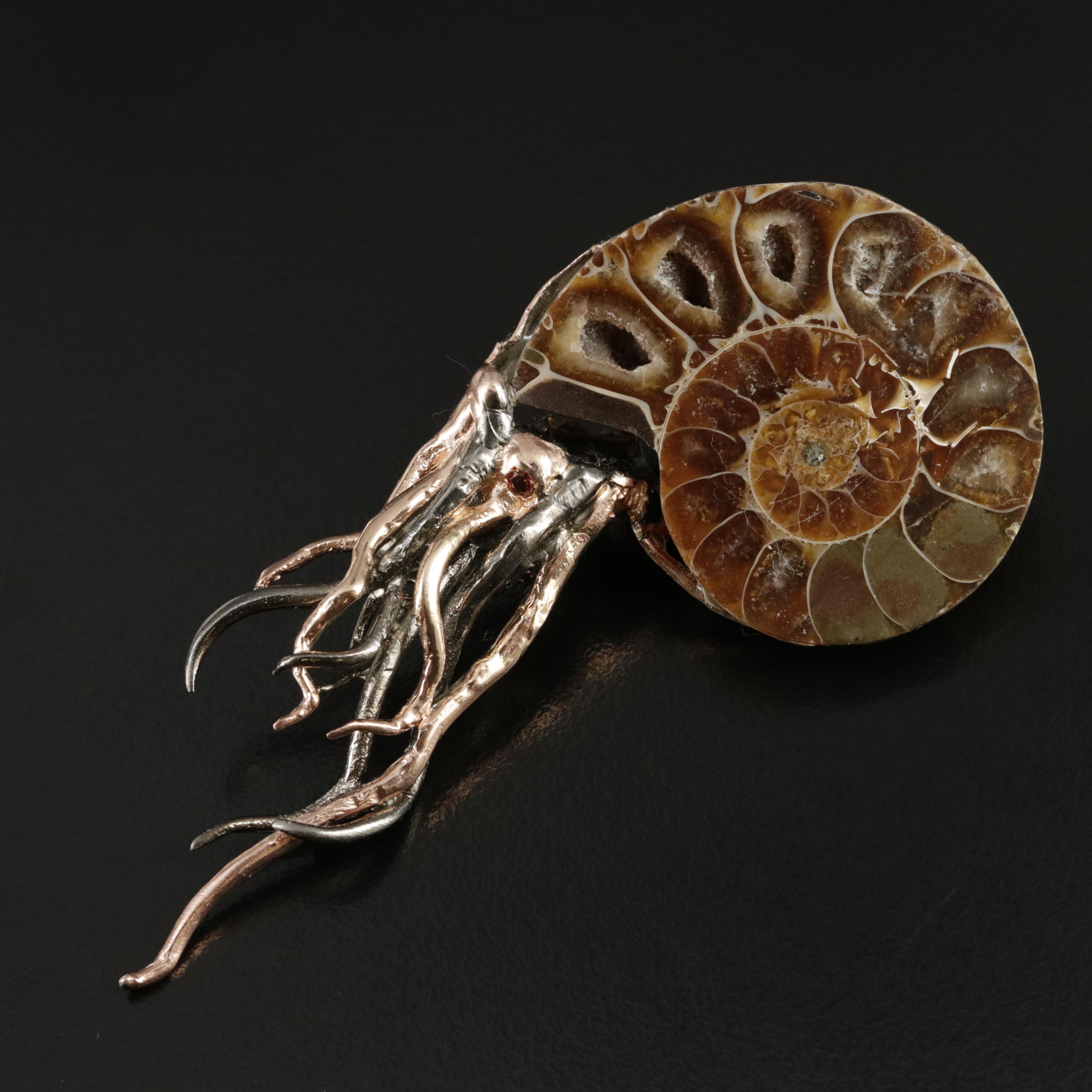 Sterling Ammonite and Garnet Nautilus Brooch