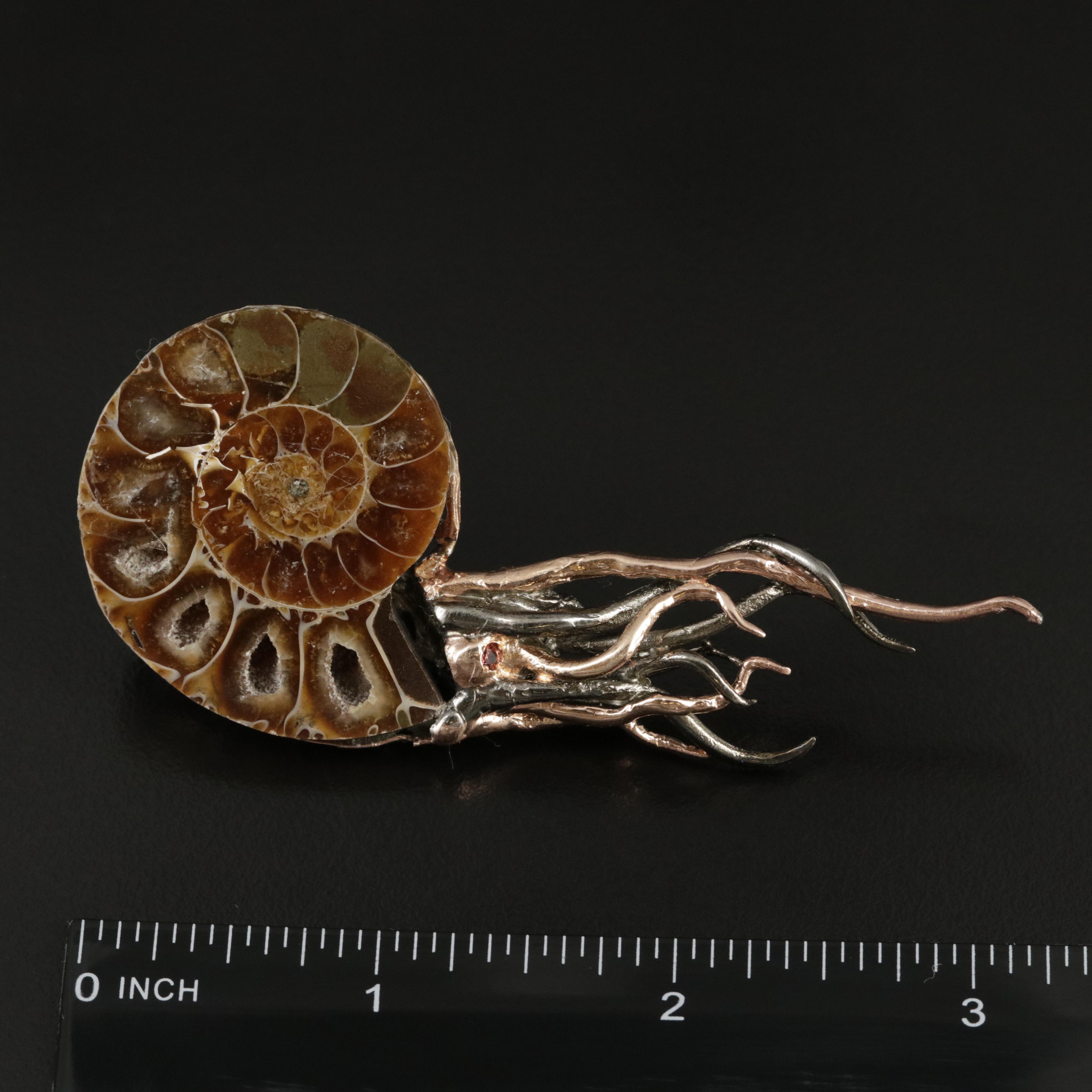 Sterling Ammonite and Garnet Nautilus Brooch