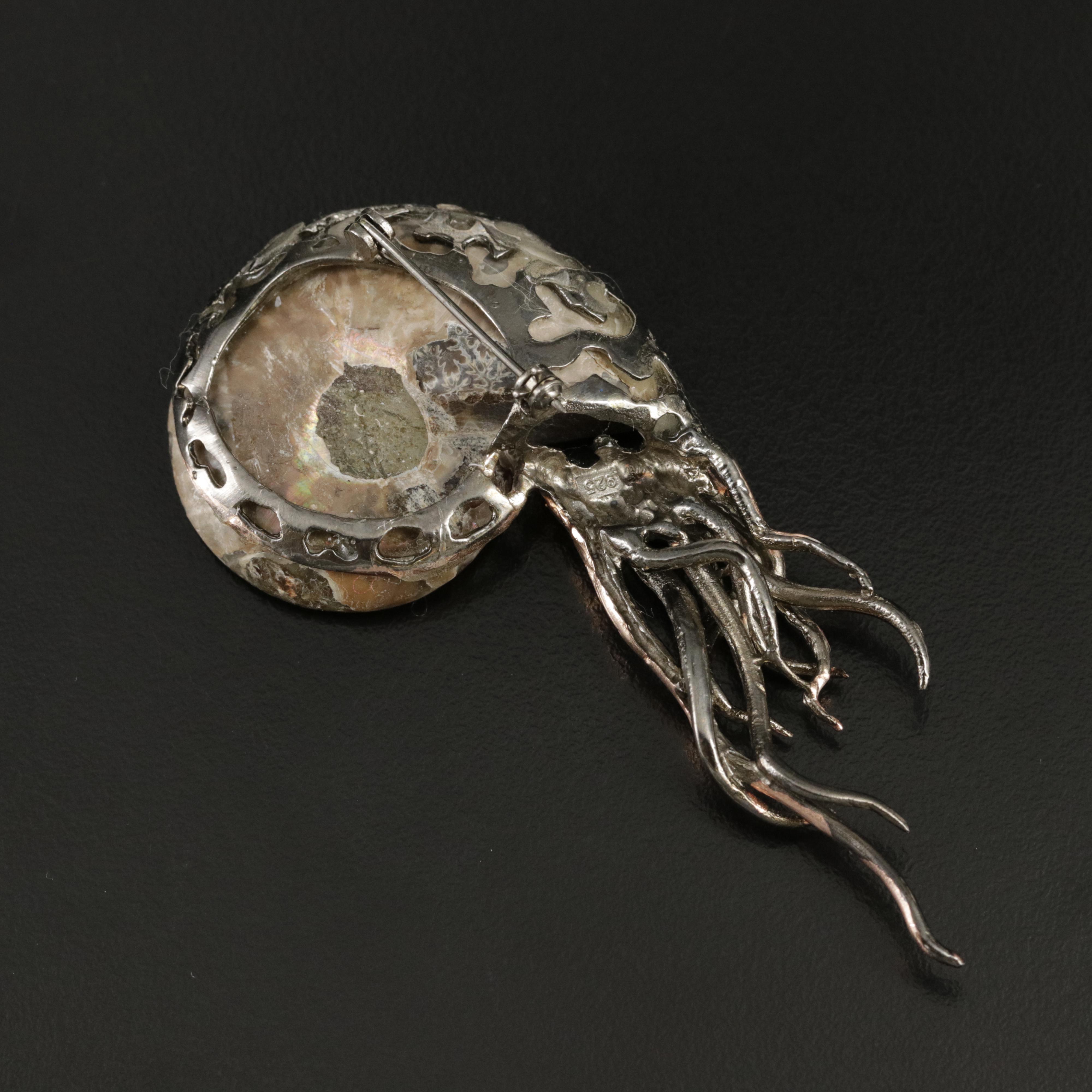 Sterling Ammonite and Garnet Nautilus Brooch