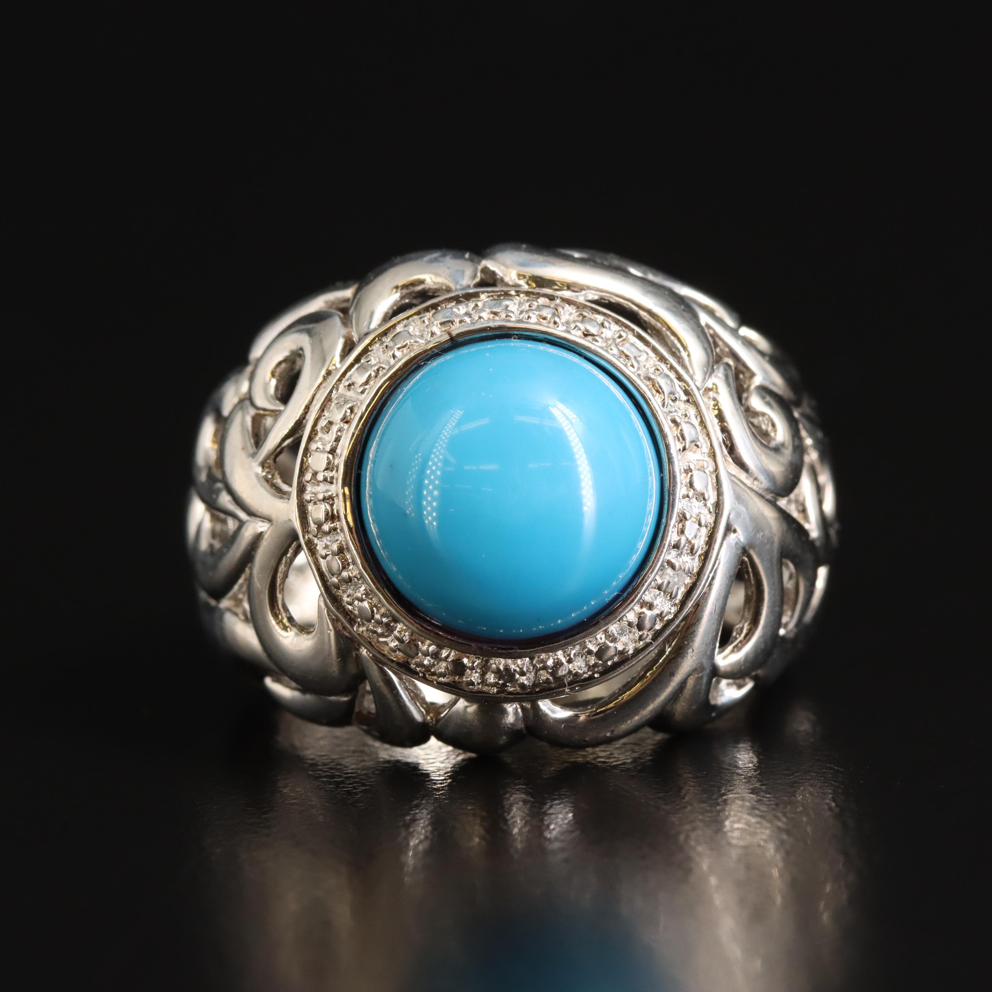 Sterling Faux Turquoise and Diamond Domed Ring