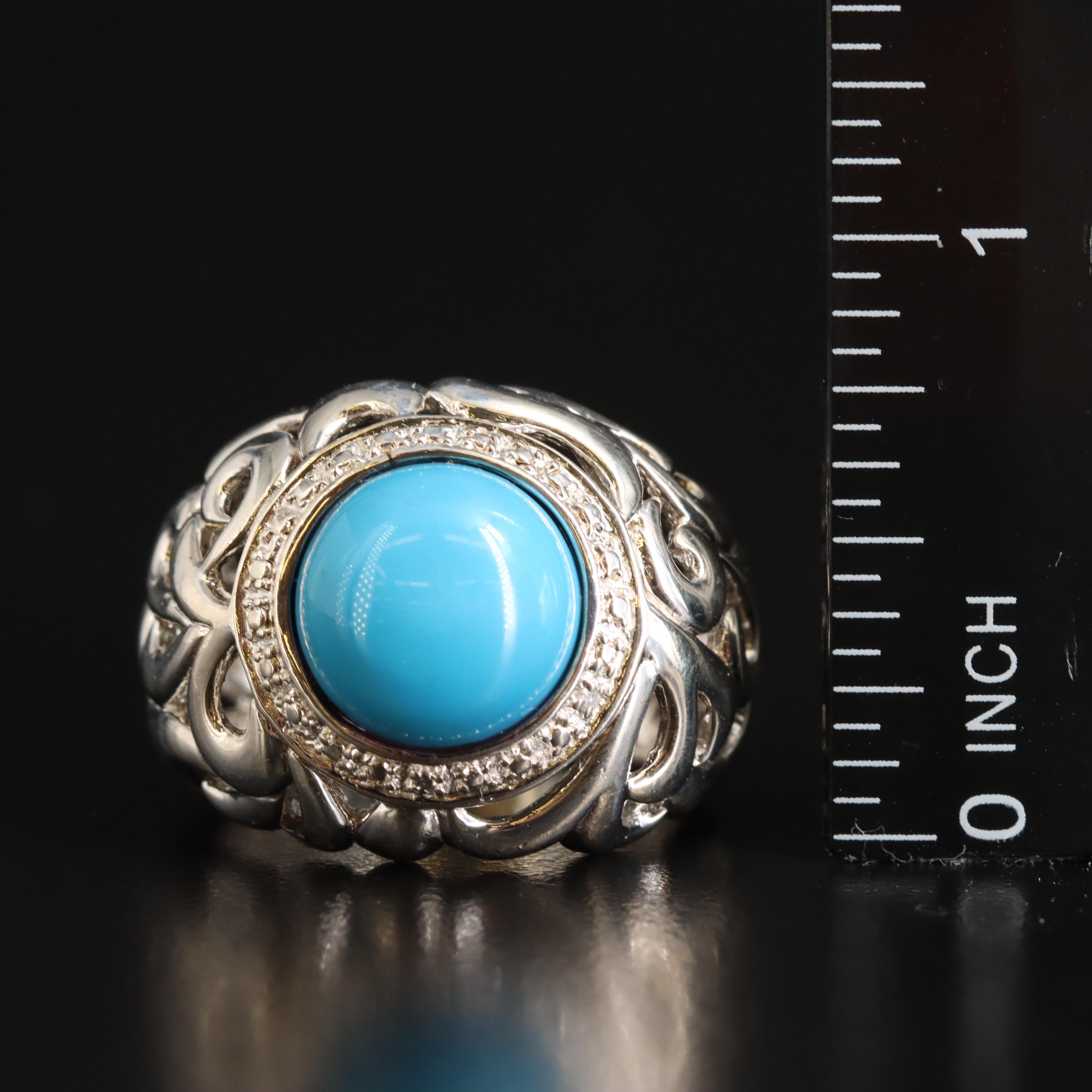 Sterling Faux Turquoise and Diamond Domed Ring