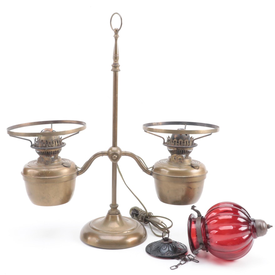 English Brass Double-Arm Student Oil Lamp, Converted, Ruby Glass Candle Lantern