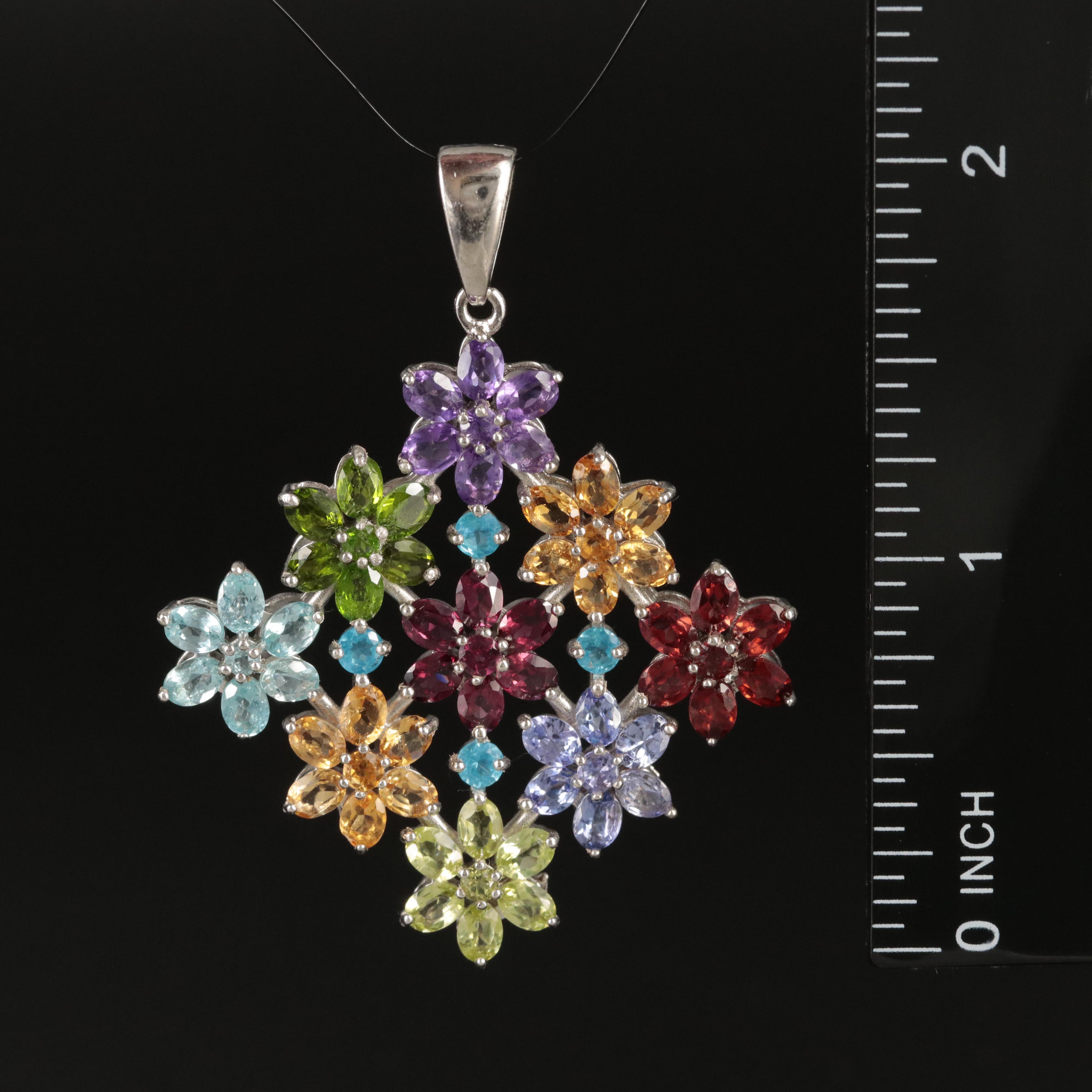 Sterling Floral Cluster Pendant Including Amethyst, Garnet and Apatite