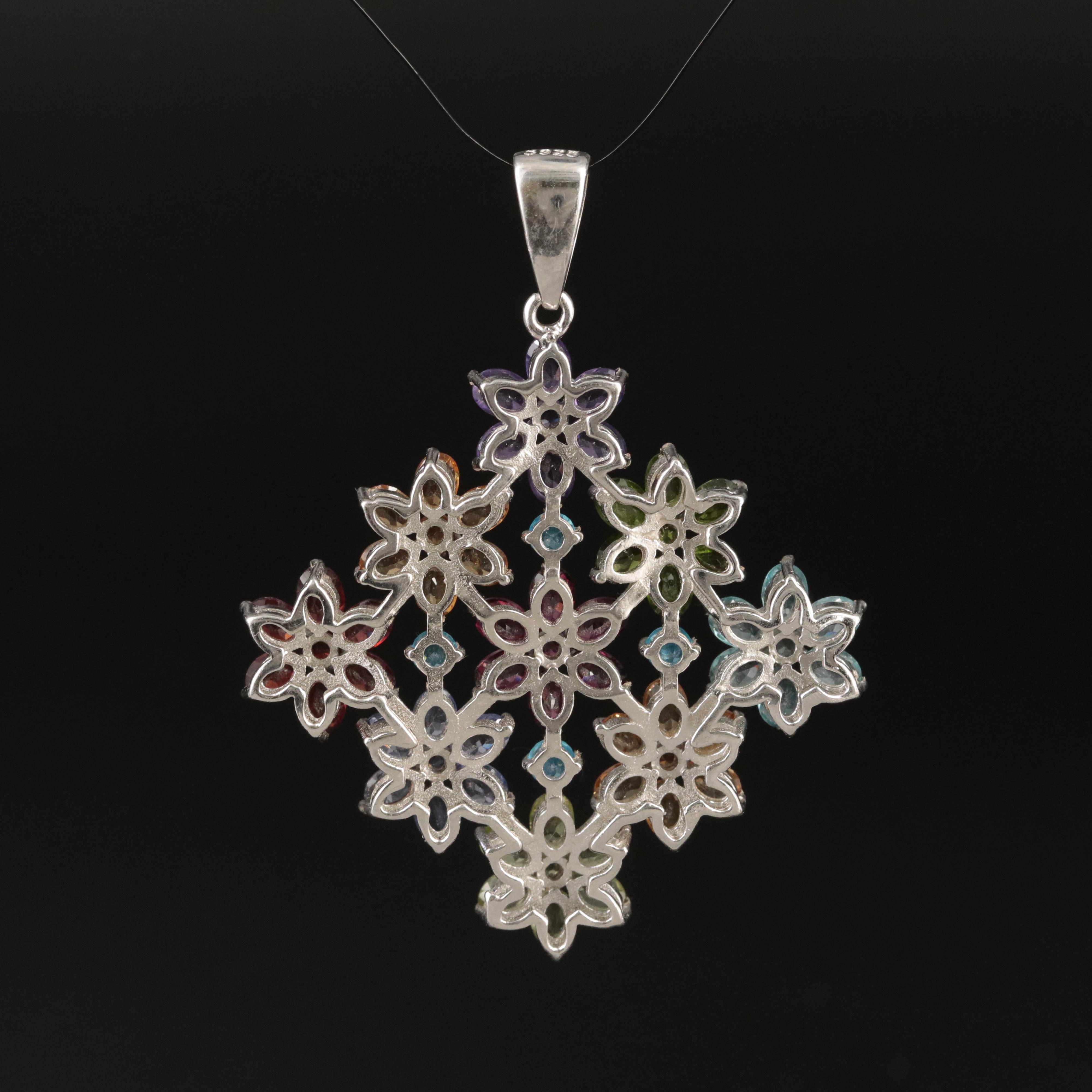 Sterling Floral Cluster Pendant Including Amethyst, Garnet and Apatite