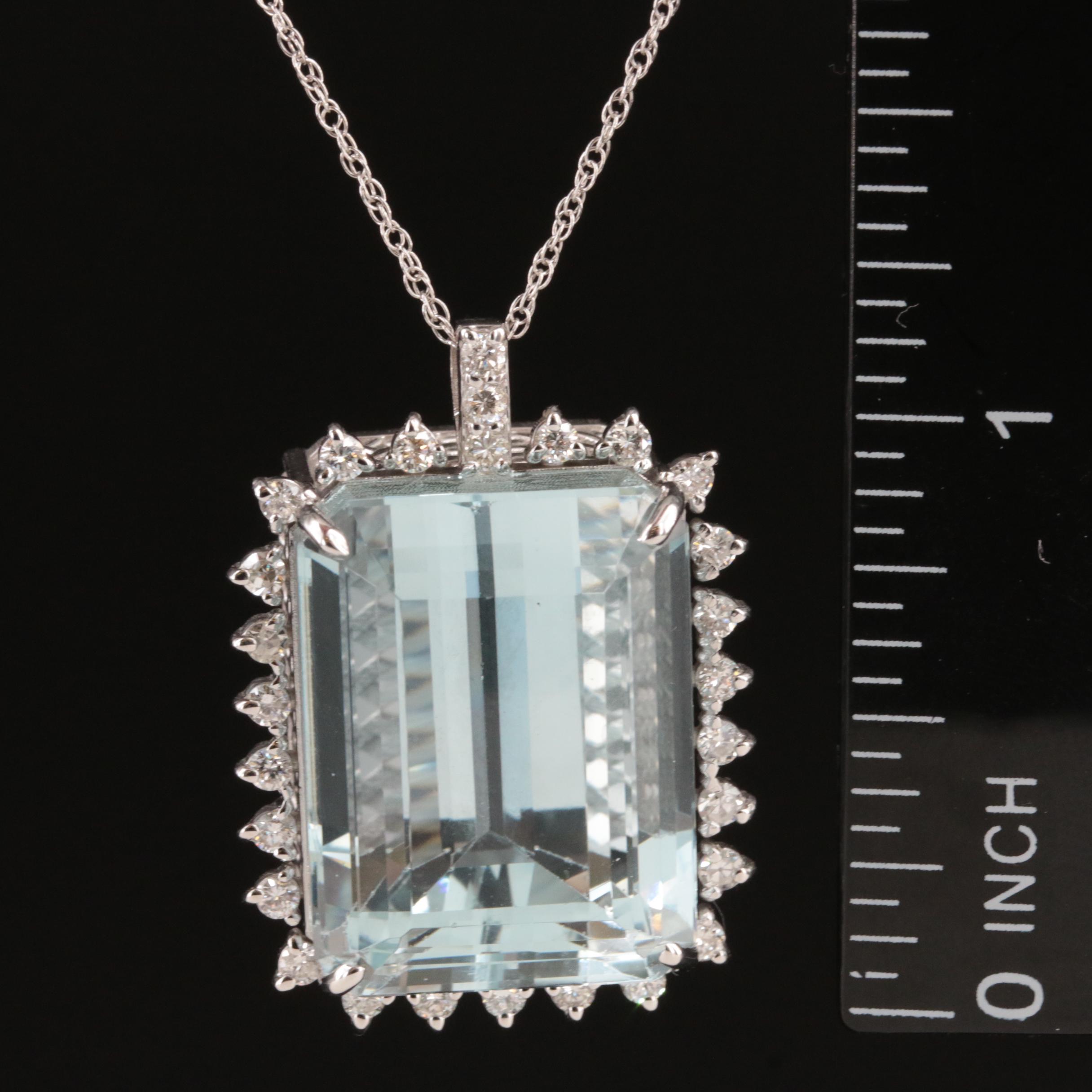 14K 33.75 CT Aquamarine and Diamond Pendant Necklace