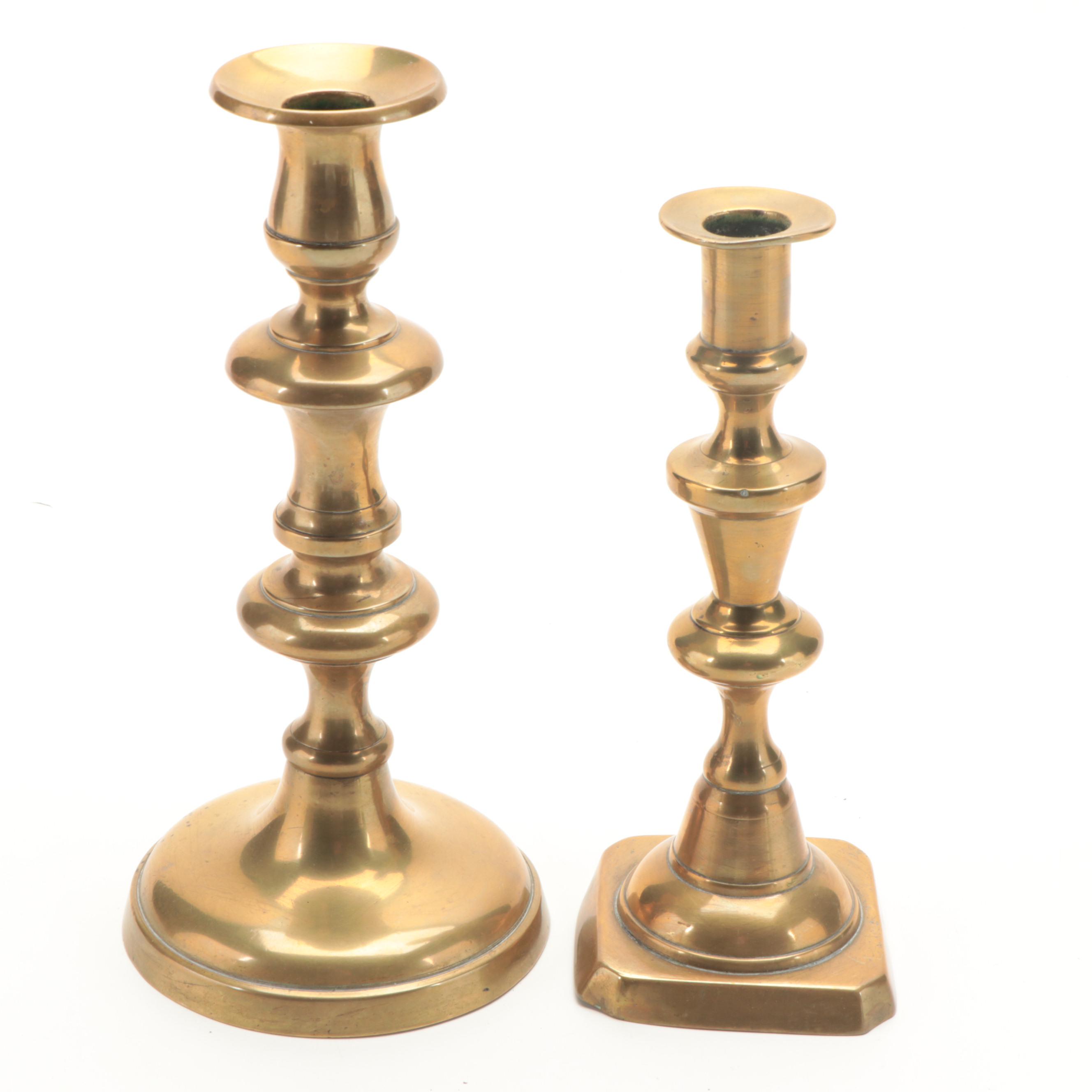 Victorian Brass Candlesticks With Colonial Style Tin Candle Mold