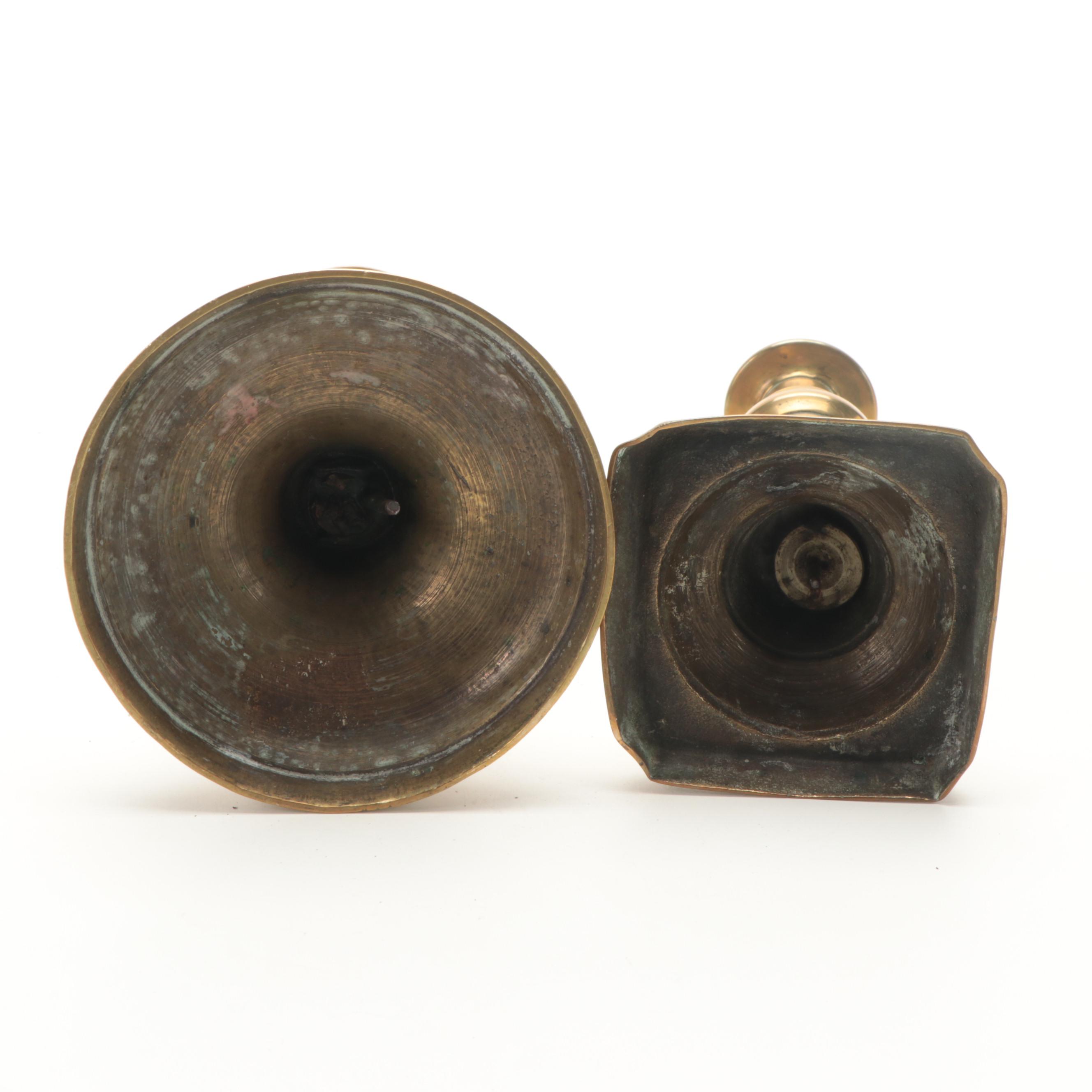 Victorian Brass Candlesticks With Colonial Style Tin Candle Mold