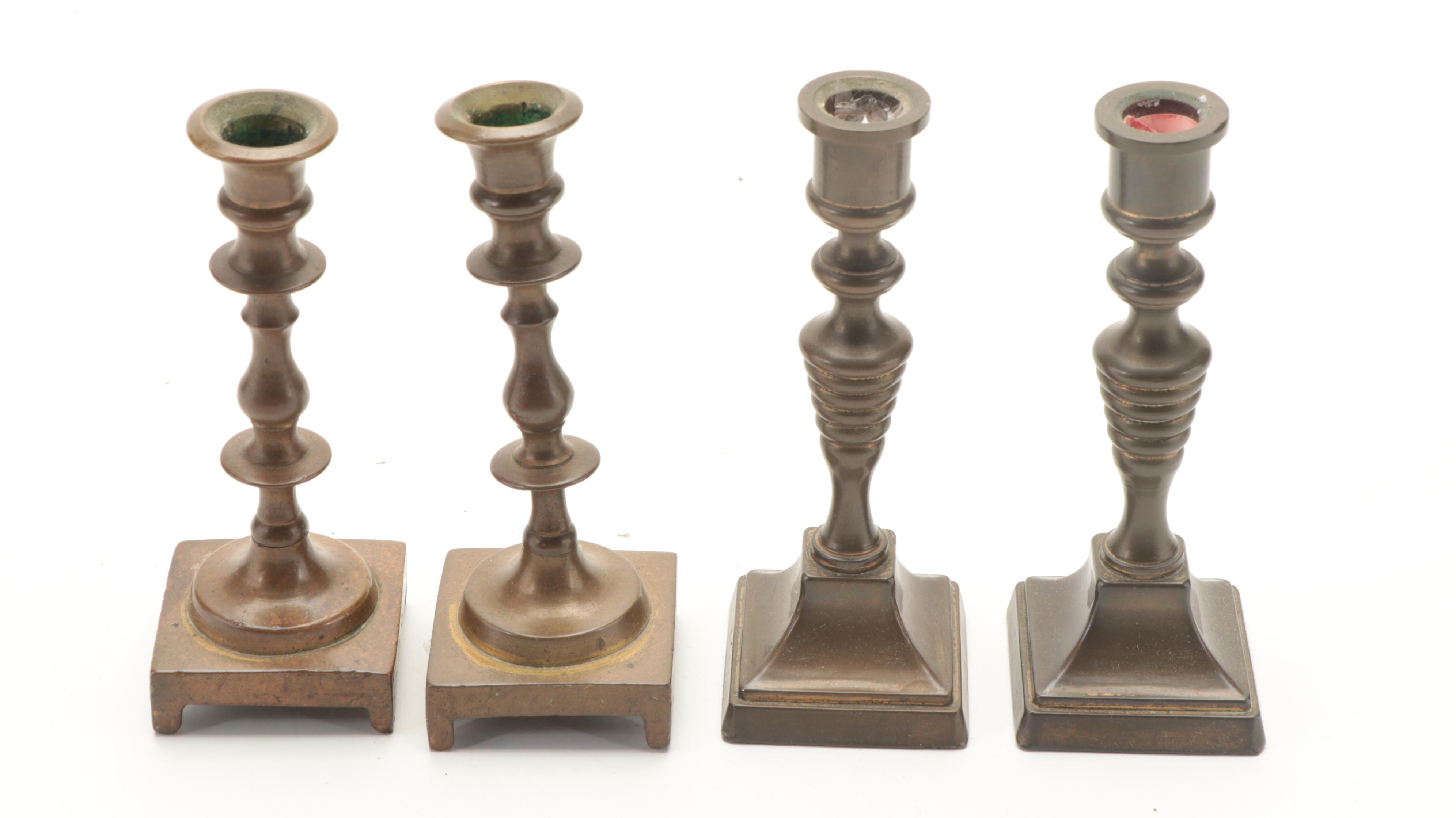 Victorian Brass Candlesticks With Colonial Style Tin Candle Mold