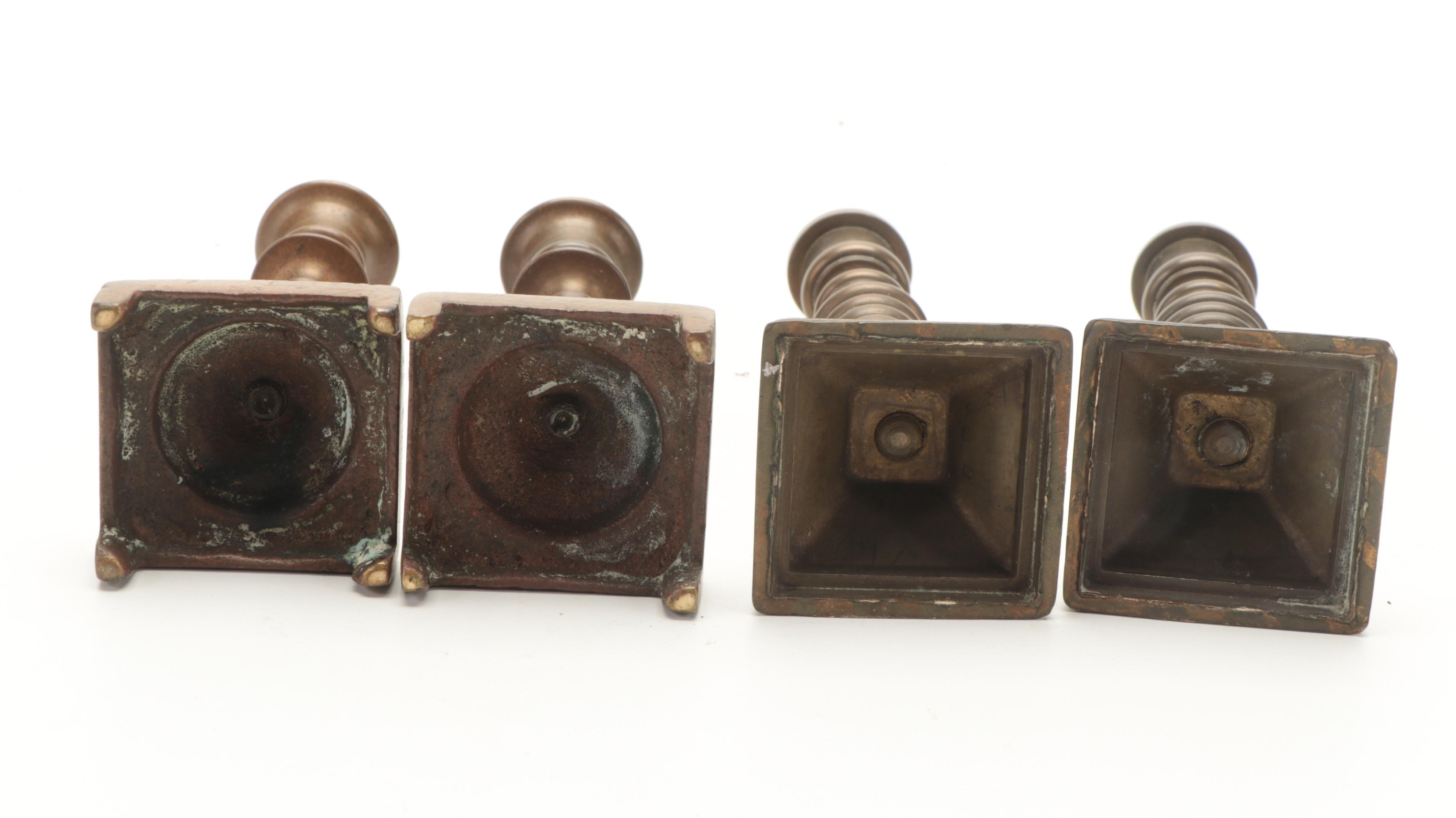 Victorian Brass Candlesticks With Colonial Style Tin Candle Mold