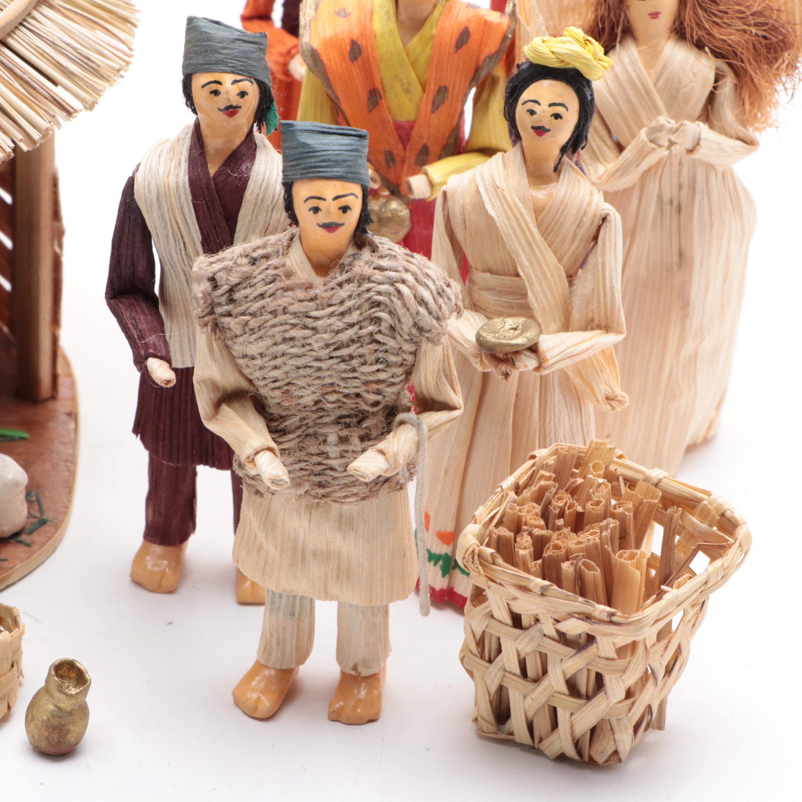 Nepali Gurung Nativity Scene with Other Corn Husk Nativity Figurines