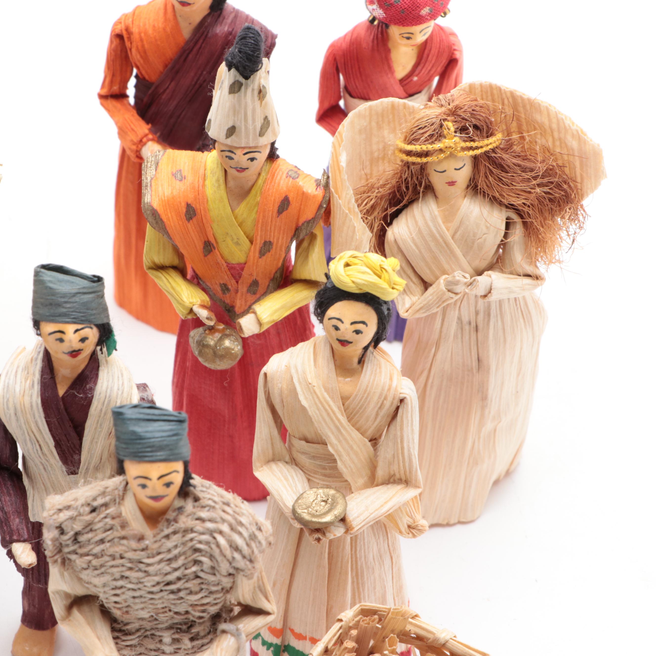 Nepali Gurung Nativity Scene with Other Corn Husk Nativity Figurines