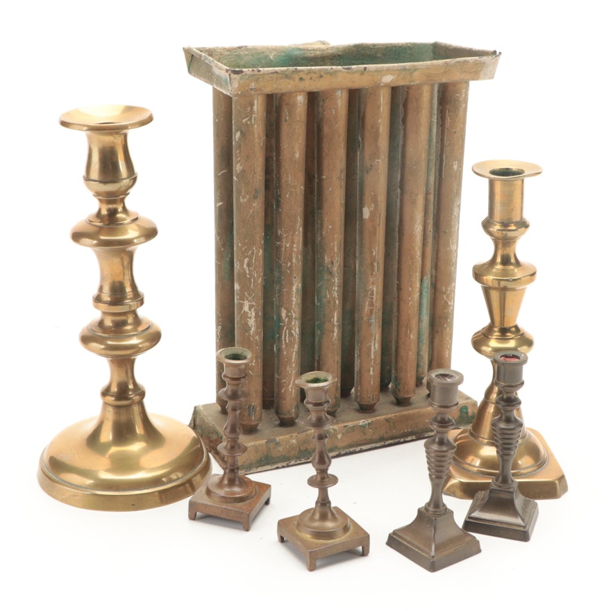 Victorian Brass Candlesticks With Colonial Style Tin Candle Mold