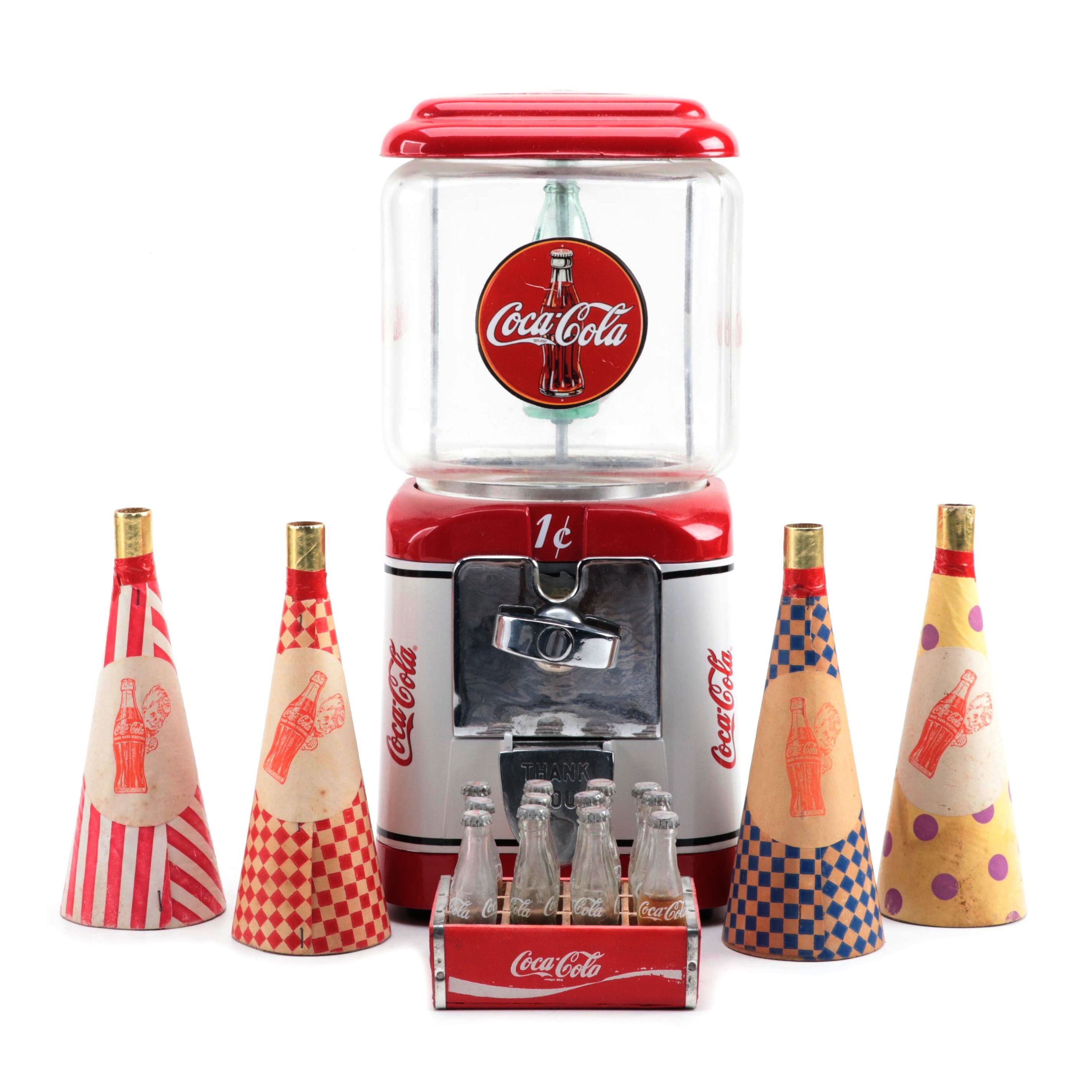Coca-Cola Gumball Machine, Party Horns and Miniature Bottles with Crate