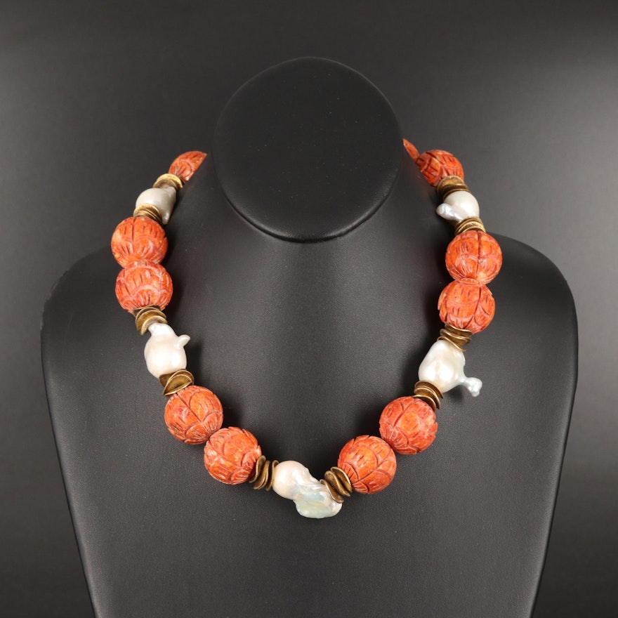 Coral and Pearl Bead Necklace