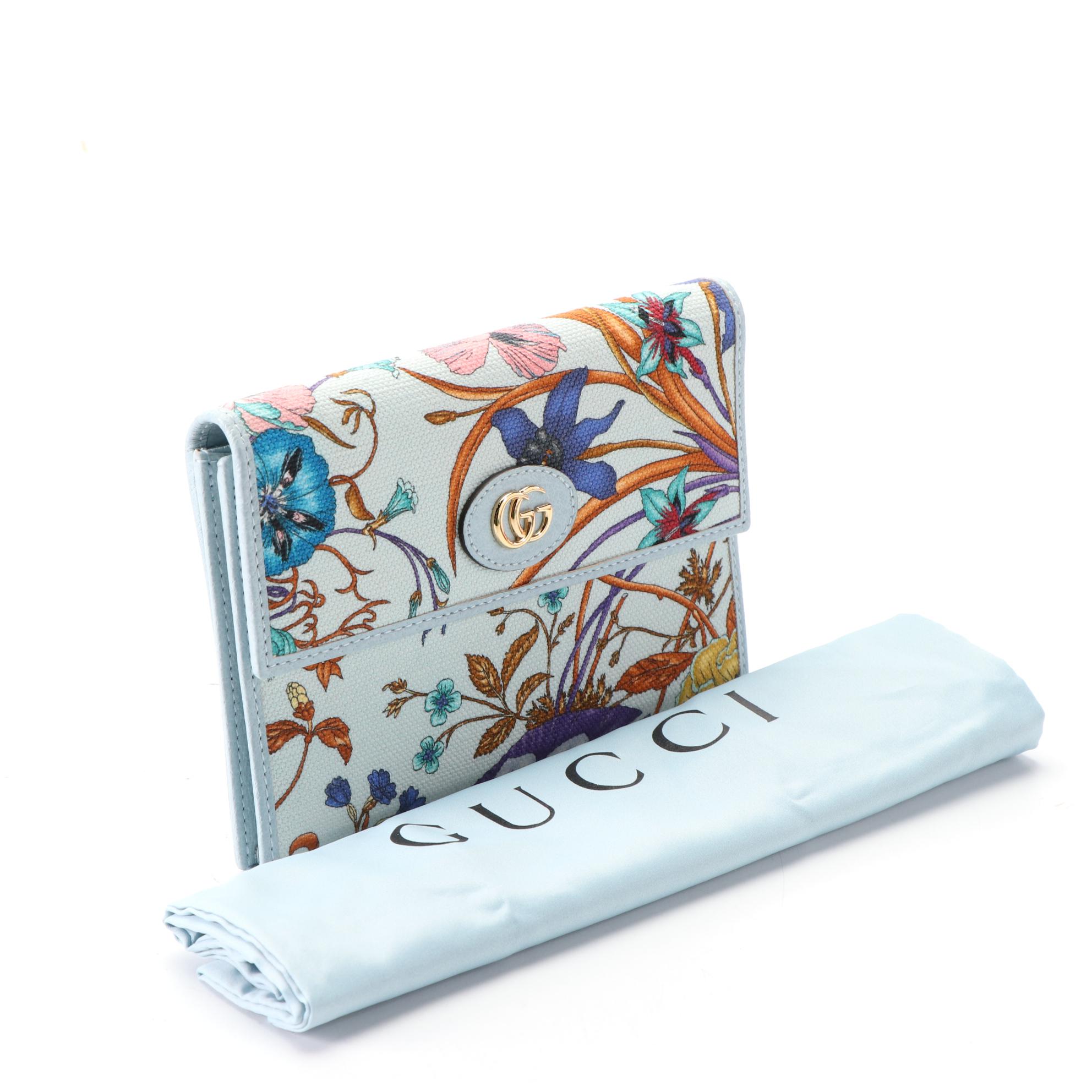 Gucci GG Marmont Travel Clutch in Blue Flora Canvas and Leather with Box